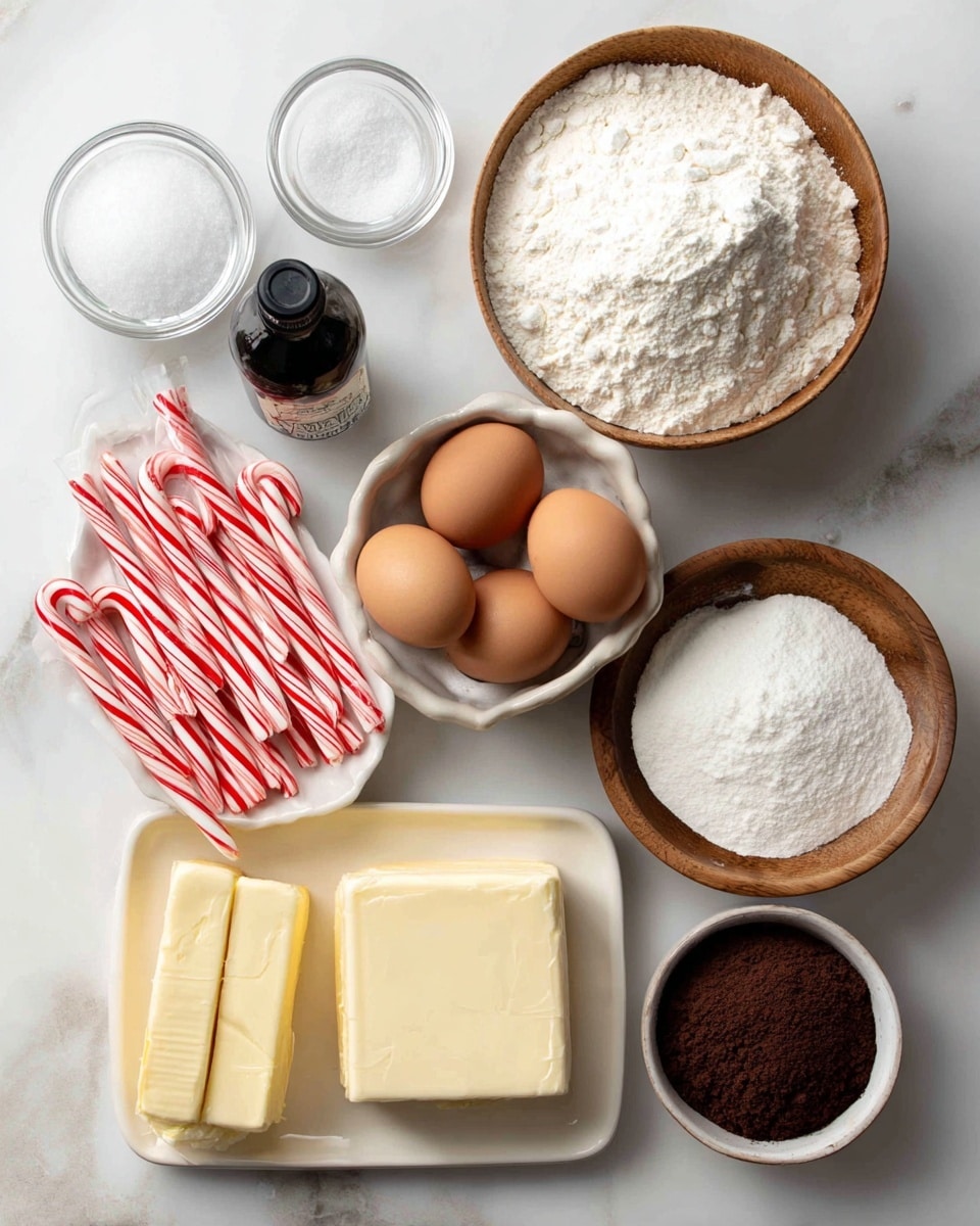 The image shows various baking ingredients neatly arranged on a white marbled surface. There are three small glass containers at the top left, one filled with white salt, one dark bottle labeled vanilla, and a white bowl with flour. Below the flour, there is a wooden bowl filled with powdered sugar, and next to it, a white bowl holding three brown eggs. To the right of the eggs, a rectangular white dish is filled with red and white striped candy canes. Further down, two sticks of butter wrapped in yellow paper sit beside a white bowl with granulated sugar. Next to that, a wooden bowl holds a square block of cream cheese, and at the bottom right, a small white bowl contains dark brown Dutch cocoa powder. Photo taken with an iphone --ar 4:5 --v 7