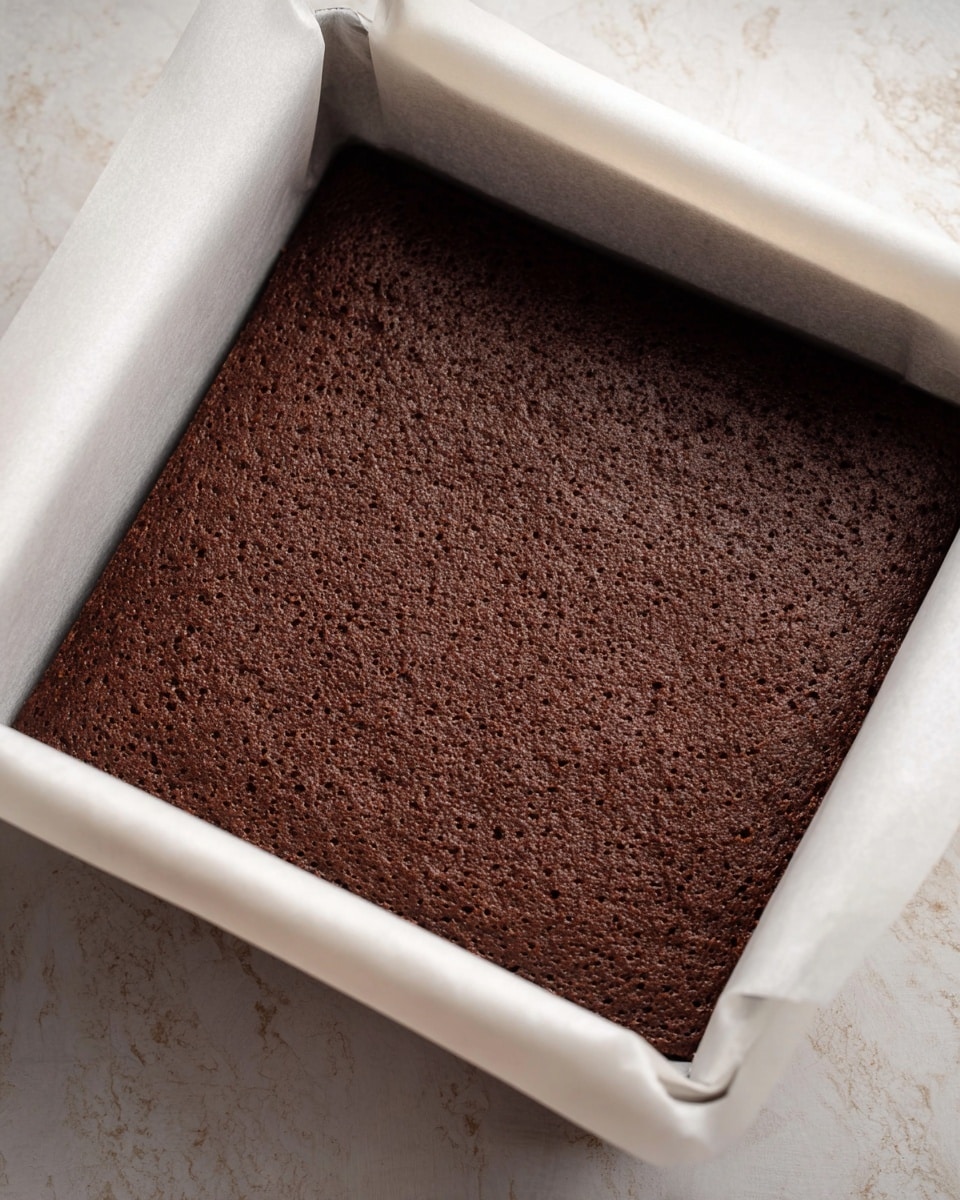 A freshly baked single-layer dark brown chocolate cake rests evenly inside a white parchment-lined square baking pan. The cake surface has a slightly rough, crackled texture with tiny holes and a matte finish. The edges meet the pan’s sides neatly, and the surrounding parchment paper folds gently outward. The background shows a white marbled texture. photo taken with an iphone --ar 4:5 --v 7