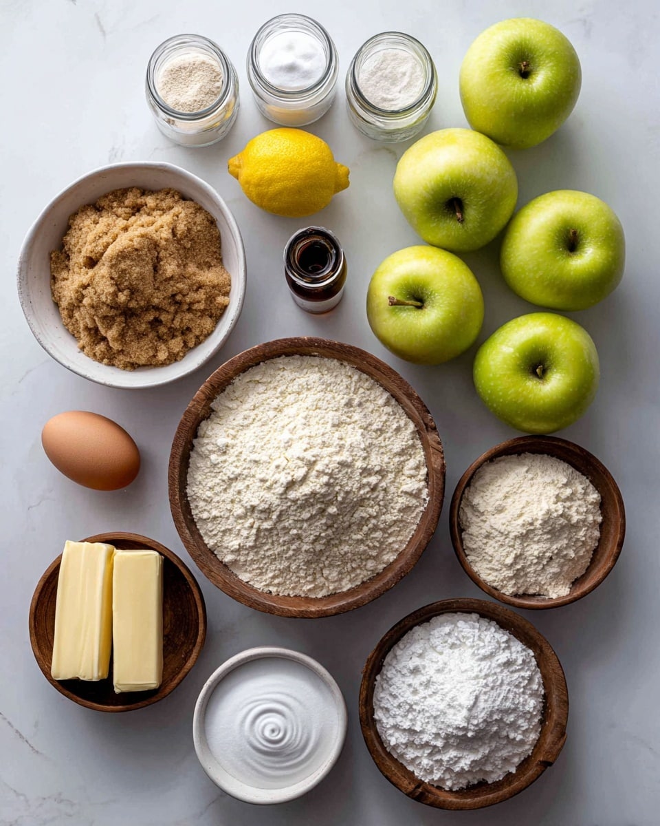 The image shows an arrangement of baking ingredients on a white marbled surface. There are five greenish-yellow Golden Delicious apples grouped together on the top right. Below the apples, there is a white bowl filled with light brown, crumbly brown sugar. At the center, a large wooden bowl is full of off-white all-purpose flour with a slightly uneven surface. Below that, a smaller wooden bowl contains fine white sugar with a swirl pattern on the top. To the left of the sugar, two sticks of butter wrapped in yellow paper sit in another wooden bowl. Near the butter, there is a whole yellow lemon and a brown egg placed close together. To the right of the egg, a small wooden bowl holds white cornstarch. Above that, two glass jars with silver lids contain white baking powder and salt. At the top left, three clear glass jars with silver lids hold ground allspice, nutmeg, and cinnamon. Next to them is a small dark brown bottle of vanilla extract. All items are neatly spaced in a flat lay style, with clear and simple lighting. Photo taken with an iphone --ar 4:5 --v 7
