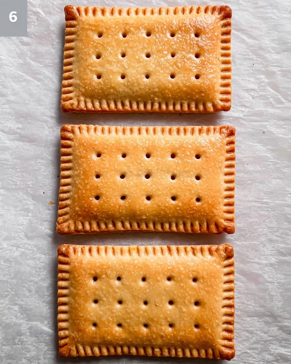 Three rectangular pastries are placed vertically on a paper-lined surface with a white marbled texture underneath. Each pastry is light golden brown with a smooth, slightly shiny top layer. The edges of each pastry have small, evenly spaced fork marks creating a neat border. The centers of the pastries have multiple small round holes, arranged in a grid pattern, giving a textured look. The overall appearance is simple and clean, showing even shaping and baking. photo taken with an iphone --ar 4:5 --v 7