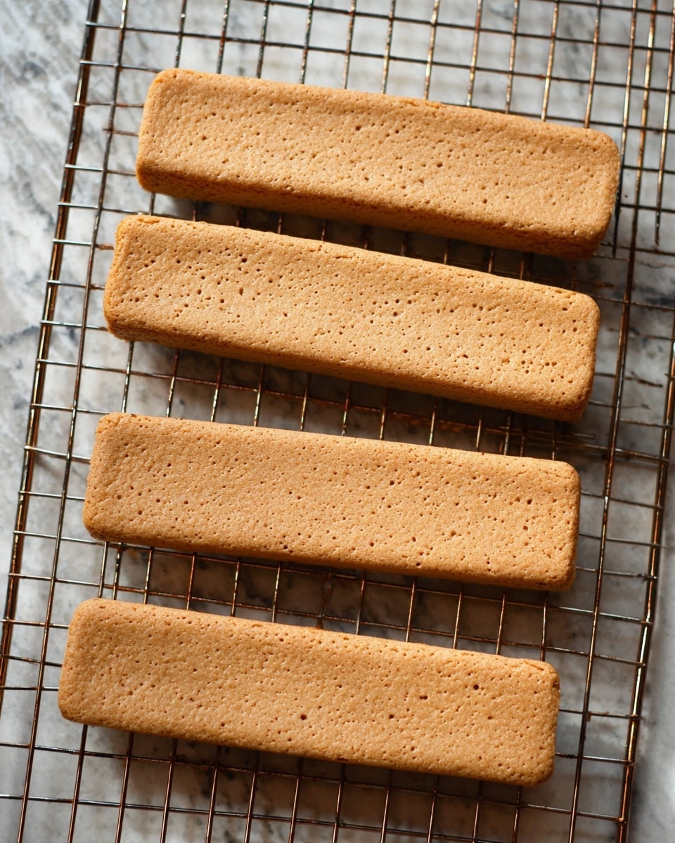 The image shows four long, rectangular light brown baked bars placed side by side on a metal cooling rack. The bars have a smooth, slightly uneven surface texture with small holes or air bubbles visible, indicating a soft and dense consistency. The metal rack sits on a white marbled surface, adding a clean and bright background to the scene. The bars look freshly baked and are positioned horizontally in parallel lines. photo taken with an iphone --ar 4:5 --v 7