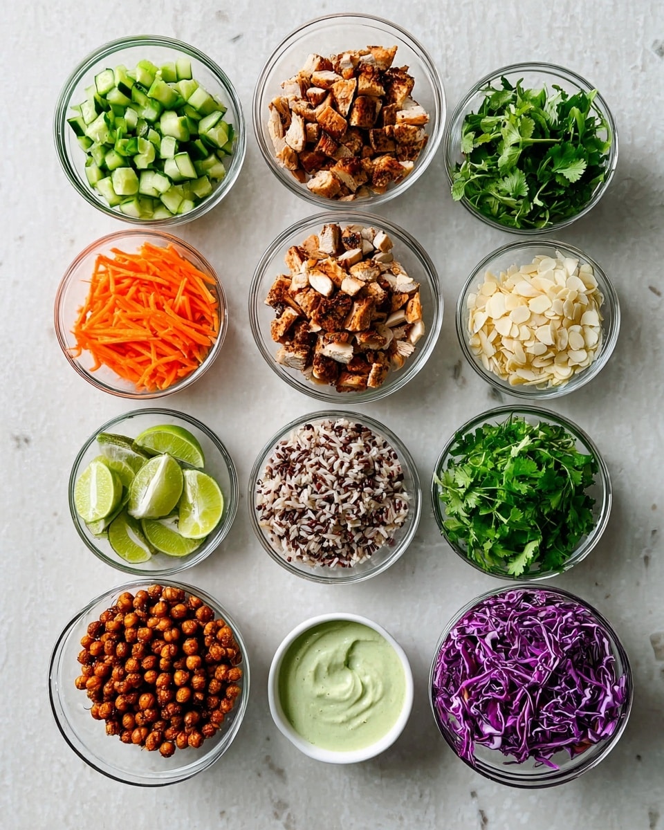 The image shows ten small clear glass bowls and one small white bowl on a white marbled surface. The clear glass bowls hold chopped green cucumbers, chopped almonds, thin orange carrot sticks, grilled brown chicken pieces, fresh green arugula, creamy light green sauce, a mix of brown and wild cooked rice, lime wedges, fresh green cilantro leaves, and shredded purple cabbage. The white bowl holds small roasted brown chickpeas. All ingredients are neatly arranged with vibrant and fresh colors, creating a clean and organized layout. Photo taken with an iphone --ar 4:5 --v 7