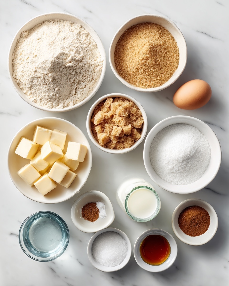 A top-down view shows ten white bowls and glasses with baking ingredients on a white marbled surface. The largest white bowl contains a heap of light beige flour at the top left. To the right, a smaller white bowl holds white sugar, while below it, a bigger bowl is filled with brown sugar, coarse in texture. At the bottom left, a white bowl is full of yellow butter cubes. Next to it is a medium bowl with white powdered sugar. Above the butter, there is a brown egg and a small glass of white milk. Below the milk is a small clear glass of water. Two small white bowls are placed near the bottom: one with brown cinnamon powder and the other with white kosher salt. A small bowl at the bottom right contains amber vanilla extract. All items are neatly arranged with labels identifying each ingredient. Photo taken with an iphone --ar 4:5 --v 7