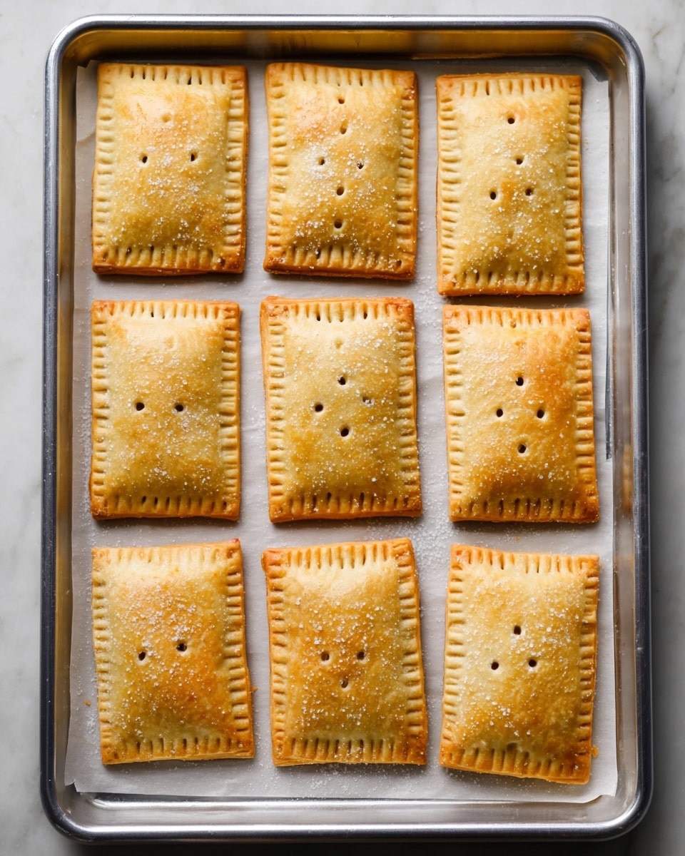 A metal baking tray lined with white parchment paper holds eight rectangular golden-brown pastries arranged in two columns and four rows. Each pastry has a slightly crimped edge and is dotted with small fork holes evenly spread across the top surface, giving a textured look. The pastries are evenly baked with a smooth, slightly shiny finish, showing a light dusting of sugar crystals on top. The tray rests on a white marbled surface. photo taken with an iphone --ar 4:5 --v 7