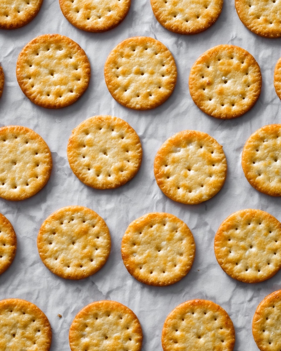 The image shows many round crackers arranged in neat rows on a white marbled surface. Each cracker is golden brown with a slightly darker edge and has small holes evenly spaced in a pattern across the top. The crackers have a textured surface that looks crispy and baked to a uniform color with a slight shine. There are no extra toppings or layers, just plain crackers laid out flat. photo taken with an iphone --ar 4:5 --v 7