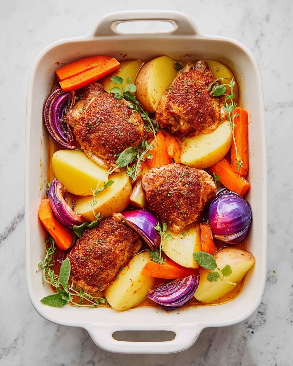A white rectangular baking dish with handles holds four pieces of seasoned meat placed in the center, each with a reddish-brown spiced coating. Around the meat, there are thick wedges of pale yellow potatoes and large chunks of vibrant purple onion. Scattered throughout are bright orange carrot slices, creating a mix of warm colors. Fresh green sprigs of herbs lie on top of the meat and vegetables. The dish sits on a white marbled surface with soft natural light highlighting the rich textures and colors. photo taken with an iphone --ar 4:5 --v 7