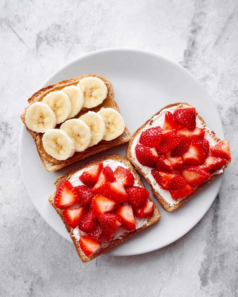 Three slices of toasted bread are placed on a white plate with a white marbled surface underneath. One slice has a layer of light brown spread topped with two rows of banana slices, each slice pale yellow and smooth. The other two slices each have a thick white spread as their first layer, topped with bright red strawberry pieces covering the entire top, some showing the white inside of the fruit. The arrangement forms a rough triangle on the plate. Photo taken with an iphone --ar 4:5 --v 7