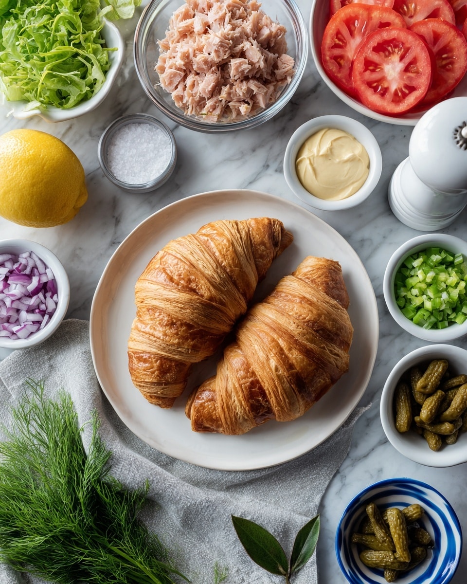 A top-down view shows a white plate in the center holding two golden brown, flaky croissants. Above the plate, a clear glass bowl contains chunky light pink tuna pieces. Around the plate and bowl, there are small white bowls holding finely chopped light purple shallots, bright green celery pieces, dark green dill, smooth pale yellow Kewpie mayo, and capers in a white bowl. Slices of fresh red tomato rest in a white bowl with blue stripes. A lemon with a green leaf lays on a light gray cloth near a bowl of green sprouts. A small white bowl contains coarse kosher salt beside the lemon. There is also a dark blue patterned bowl filled with coarse brown Dijon mustard and another with small dark green pickles labeled cornichons. To the right side, a tall white pepper grinder stands on a white marbled surface. photo taken with an iphone --ar 4:5 --v 7