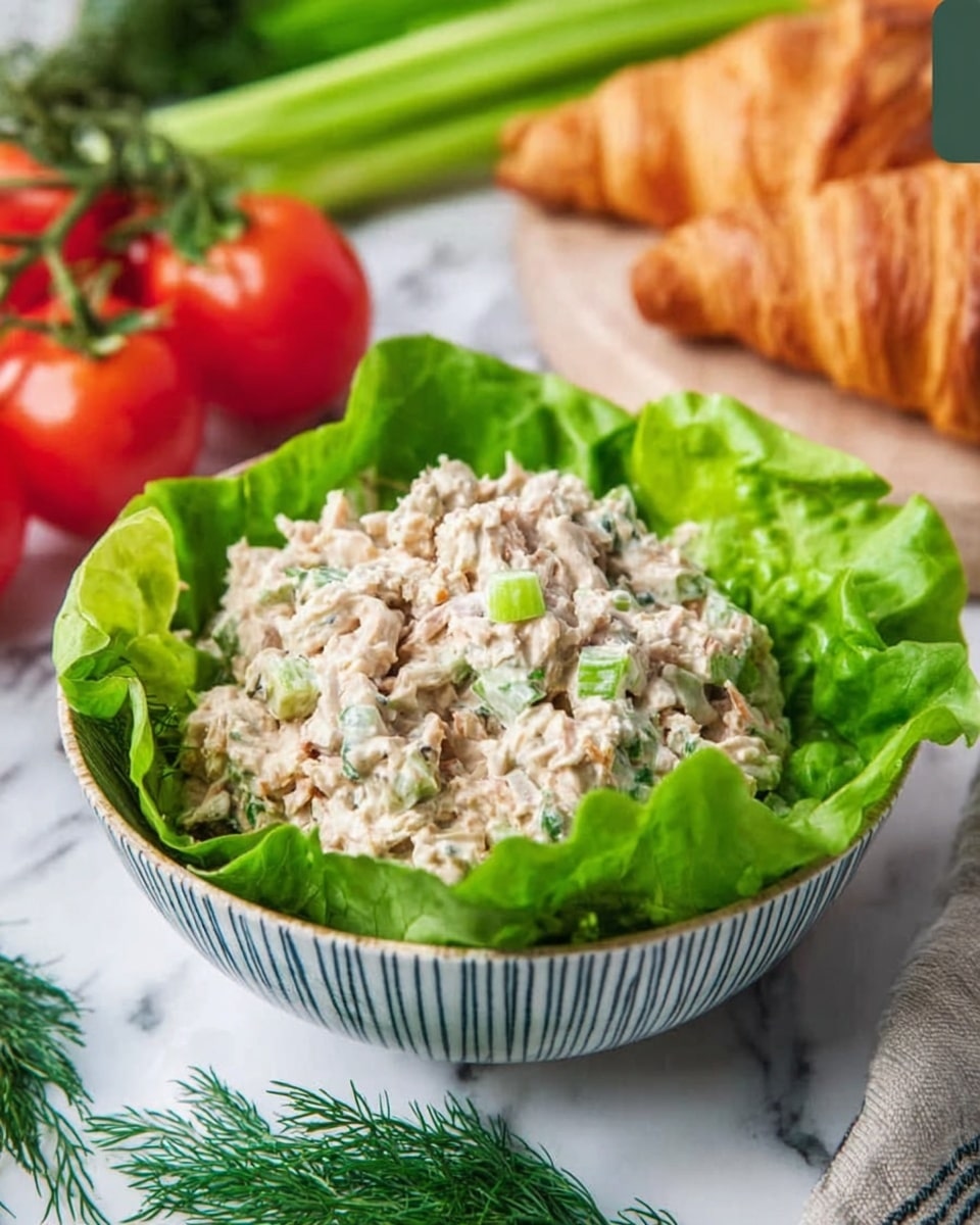 A bowl containing a chicken salad sits on a white marbled surface. The chicken salad is placed on a bed of vibrant green leafy lettuce, which lines the inside of a patterned bowl with blue and white stripes. The chicken salad itself is light beige with small bits of green herbs and celery mixed in, giving it a textured look. In the background, there are fresh tomatoes on the vine, stalks of celery, and two croissants, slightly blurred. Fresh dill is laid in the foreground, adding a touch of dark green to the composition. photo taken with an iphone --ar 4:5 --v 7