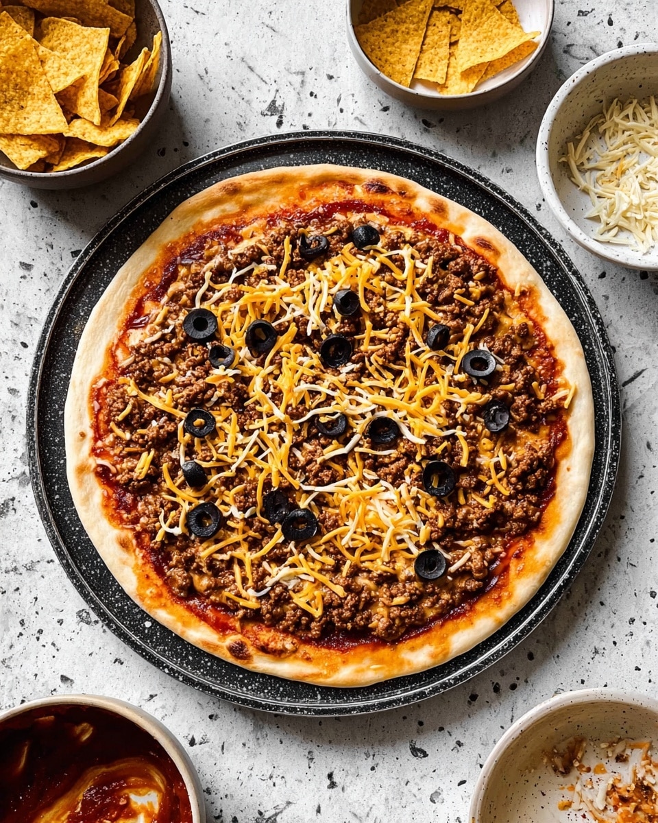 A round pizza sits on a dark baking tray with a golden brown crust. The pizza has a base layer of red tomato sauce spread evenly across the dough. On top of the sauce lies a layer of browned ground meat, scattered all over. There are slices of black olives spread evenly across the pizza. Shredded yellow cheddar cheese and white mozzarella cheese are sprinkled on top, with crushed yellow tortilla chips scattered among the cheese. Nearby, there are bowls and a small plate on a white marbled surface, some with leftover sauce and cheese. Photo taken with an iphone --ar 4:5 --v 7