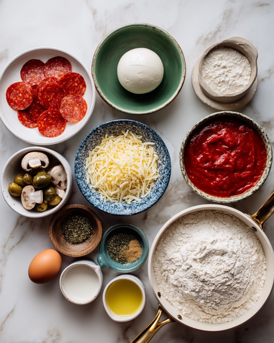 The image shows two groups of ingredients placed on a white marbled surface. On the left side, there is a white bowl filled with thin red slices of pepperoni on top, a green bowl with a ball of white mozzarella cheese soaked in liquid beneath it, and a blue and white bowl with shredded yellow cheese below that. Around these bowls, there is a small brown bowl with green olives and capers, a small brown cup with mushrooms, a small green and blue bowl with a mix of dried herbs and powders, and a single brown egg above. There is also a white pan with a golden handle containing smooth red tomato sauce in the center. On the right side, there is a large light-colored bowl with a green rim filled with white flour. Around it, there are small light brown and beige bowls and cups containing yellow olive oil, salt, sugar, light beige pieces of yeast, and a small jug of milk. photo taken with an iphone --ar 4:5 --v 7
