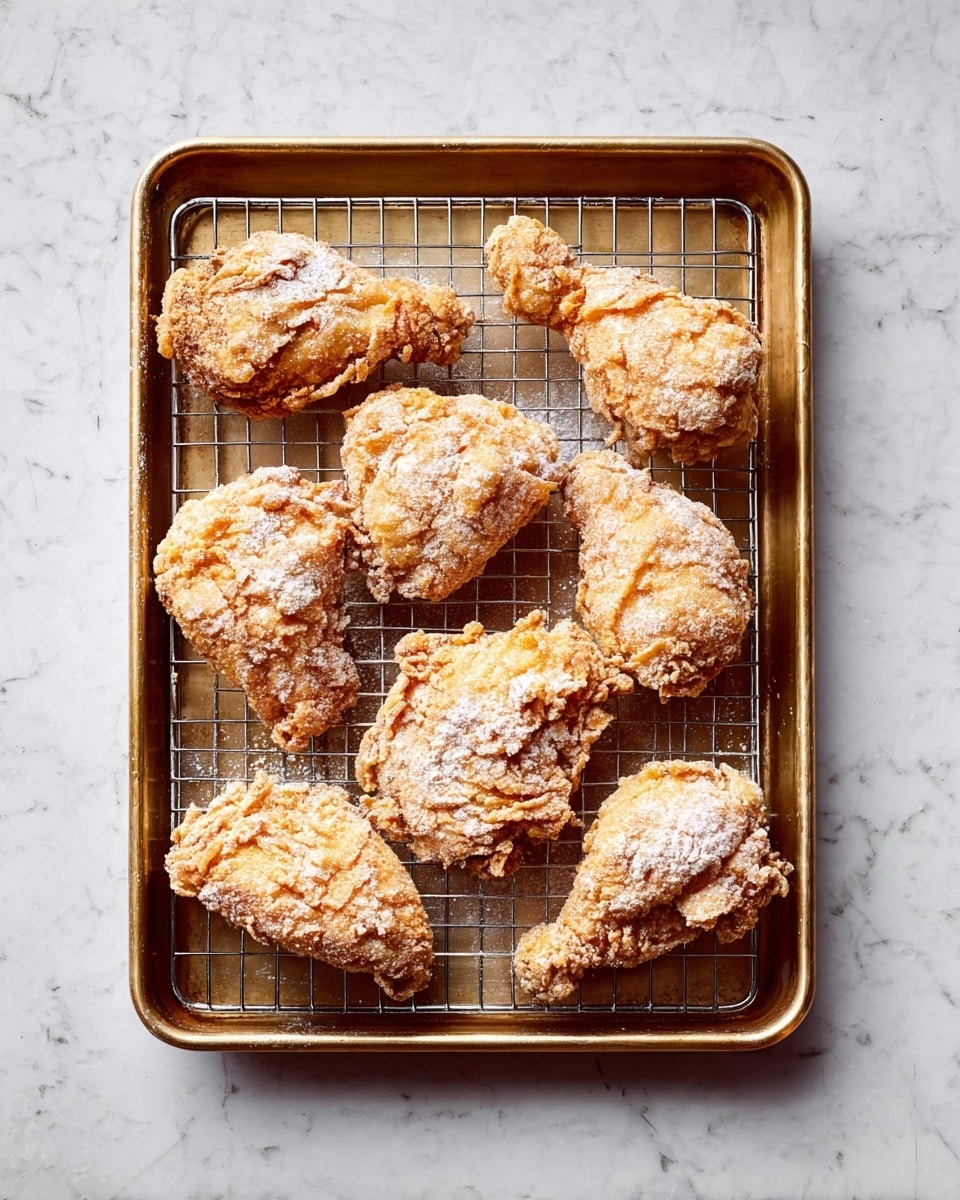 Seven pieces of fried chicken with a light golden color are placed on a wire cooling rack inside a brass-colored tray. The fried chicken pieces are covered with a dusting of white flour, giving a rough and crispy texture. The tray is set on a white marbled surface. The arrangement is neat, showing the different shapes of the crispy chicken pieces evenly spread out. Photo taken with an iphone --ar 4:5 --v 7