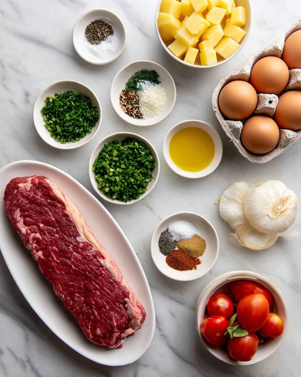 The image shows three groups of ingredients arranged neatly on a white marbled surface. On the left, there are small white bowls containing kosher salt, black pepper, minced garlic, fresh chopped chives, fresh parsley, lemon juice, and olive oil, all in a line. In the middle, a white oval plate holds a raw top sirloin steak, with small white bowls around it containing kosher salt, black pepper, and olive oil. On the right side, small white bowls hold black pepper, kosher salt, garlic powder, smoked paprika, yellow onion slices, gold potato cubes, and cherry tomatoes, with a carton holding three brown eggs. Each item is clearly labeled on top of the ingredients. Photo taken with an iphone --ar 4:5 --v 7