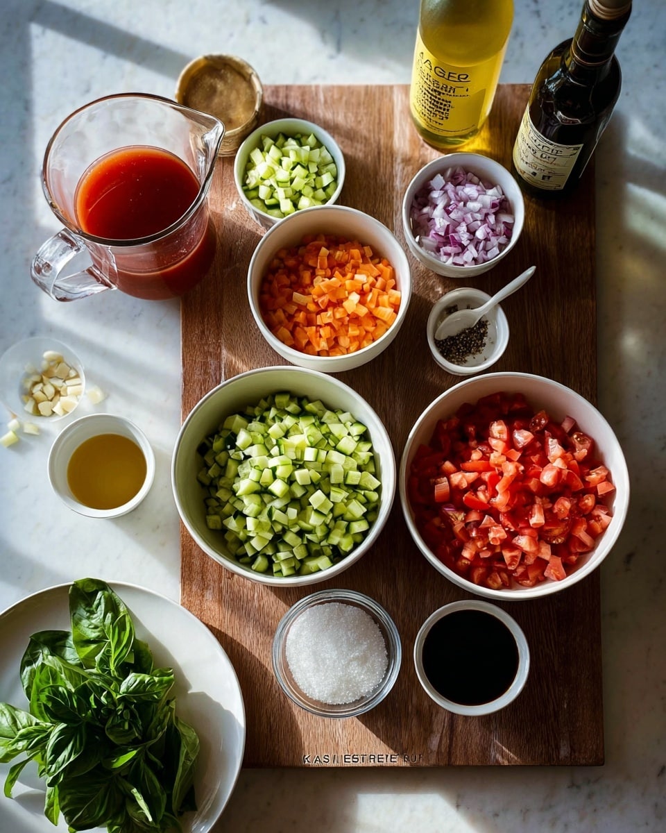 The image shows a wooden board on a white marbled surface with several white bowls arranged neatly. There are diced red tomatoes in one large bowl at the top right, and diced light green cucumbers in a large bowl below it, next to another white bowl with diced zucchini. To the left, there is a bowl with diced green peppers, another bowl filled with small orange diced pieces, and a bowl with finely chopped purple onions. A small glass bowl contains minced garlic, and beside it is a small bowl with white granulated sugar, a small bowl with light yellow liquid, and a small bowl with dark soy sauce. Fresh green basil leaves are placed on a white plate on the left side. There is a clear glass pitcher filled with a red liquid on the top left of the wooden board, and a bottle with a yellow label stands near the top right of the board. A small bowl with salt and one with black pepper complete the ingredients. The entire setup is captured with soft natural light, photo taken with an iphone --ar 4:5 --v 7