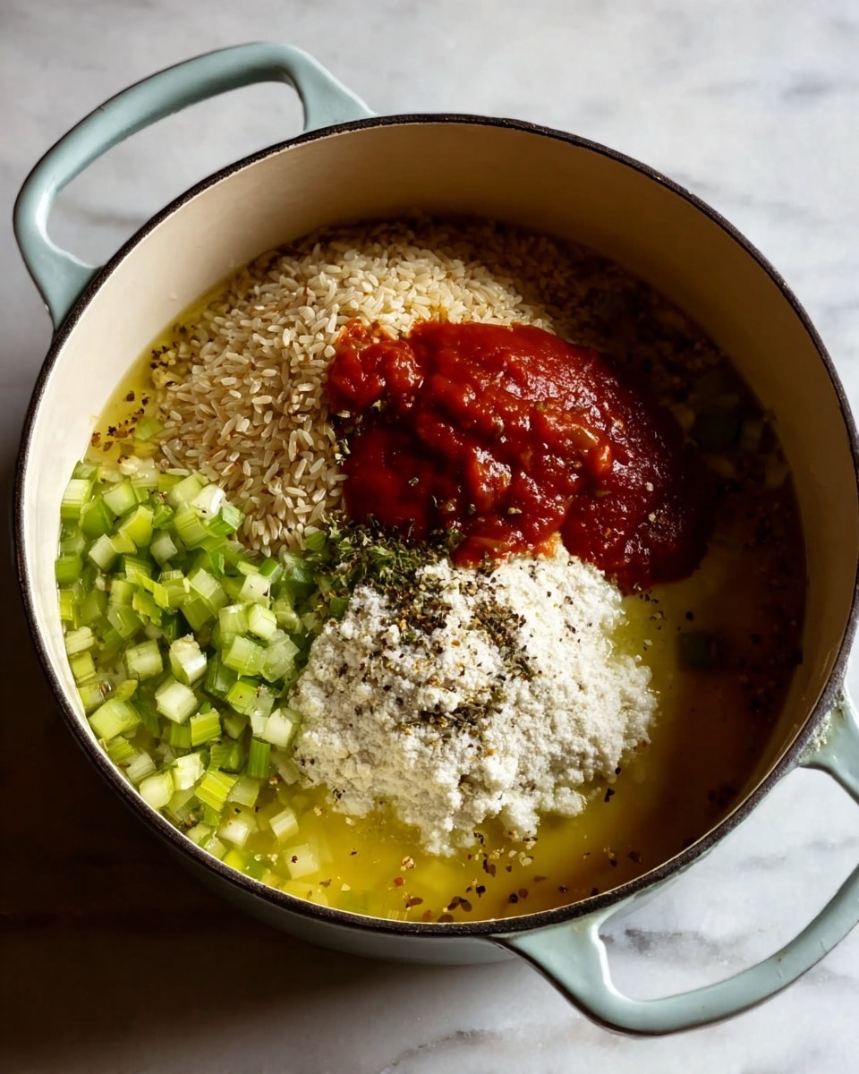 In the image, there is a white pot with light blue handles placed on a white marbled surface. Inside the pot, different ingredients are separated into layers: finely chopped celery pieces scattered around, a large mound of dry rice that is brownish, a dollop of red tomato sauce with some small bits on top, and a heap of white creamy flour mixture with visible black pepper specks on it. The pot is filled with a clear yellow broth around and under the ingredients, showing the layers distinctly. The photo taken with an iphone --ar 4:5 --v 7