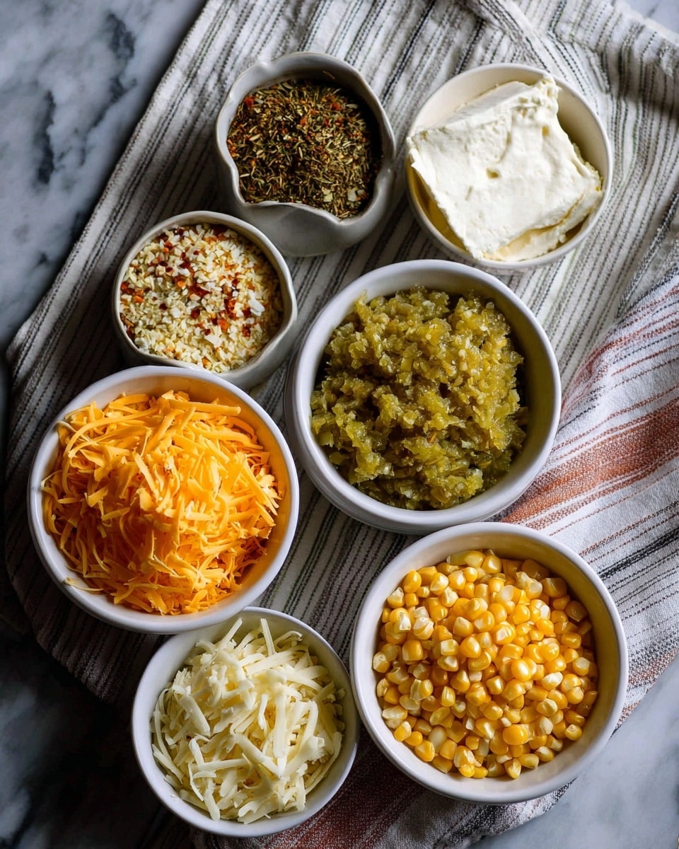 The image shows seven white bowls arranged on a striped cloth with a white marbled surface underneath. The top left bowl contains a mix of dried herbs and spices in green and brown tones. Below it is a bowl filled with a smooth layer of white creamy cheese. To the right of the cheese, there is a bowl with green chili relish that looks chunky and moist. Below the chili relish is a bowl with shredded white cheese mixed with small bits of red seasoning. To the left of that is a bowl filled with bright orange shredded cheese. At the bottom right, a bowl is full of yellow corn kernels, and next to it on the left is another bowl with lighter yellow corn kernels. The setup is neat and colorful, with each bowl showing a different texture and shade of yellow, green, white, or orange, photo taken with an iphone --ar 4:5 --v 7