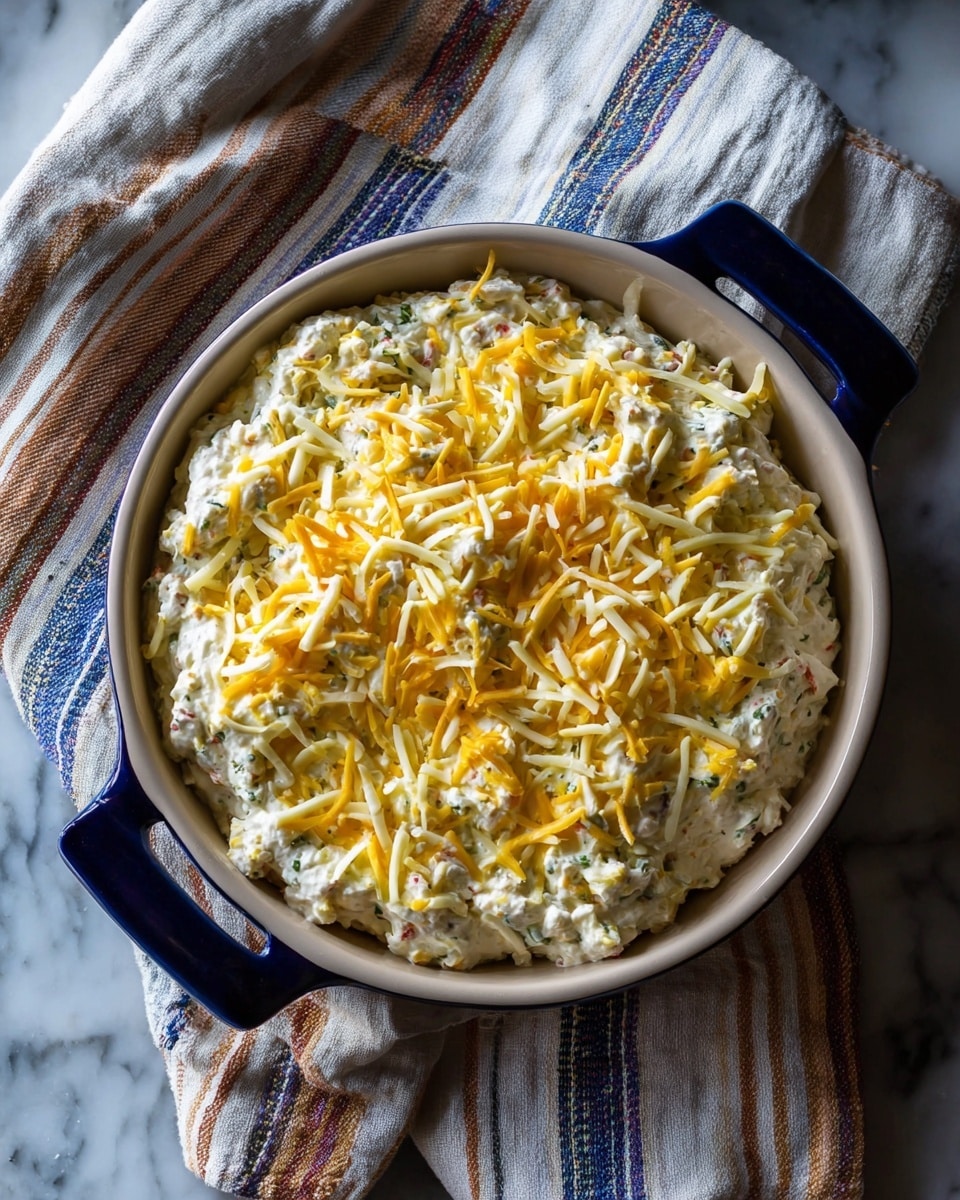 A deep white round dish with dark blue handles filled with a creamy, thick mixture that looks like a dip or salad, topped with shredded yellow and white cheese evenly spread across the surface. The creamy layer underneath is pale with small bits of ingredients mixed in, giving a slightly lumpy texture. The dish sits on a soft white cloth with brown and light blue vertical stripes, all placed on a white marbled textured surface. photo taken with an iphone --ar 4:5 --v 7