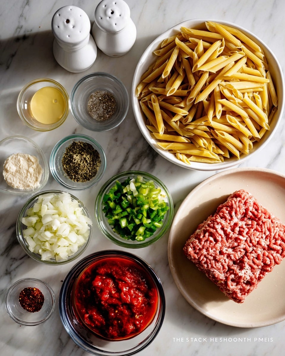 The image shows ingredients arranged on a white marbled surface, ready for cooking. In the center right, there is a beige plate holding a large block of raw ground meat. Above it, a white bowl is filled with dry penne pasta, yellow with ridged texture. To the right of the pasta, a dark glass bowl holds chunky red tomato sauce. Below the pasta, a white bowl contains chopped white onion and green bell pepper pieces mixed together. On the left side of the image, several small clear glass bowls hold different ingredients: minced garlic, melted butter, dried herbs, ground black pepper, salt, and crushed red pepper flakes. There is also a white ceramic salt shaker and a white ceramic oil pourer near the top left corner. The layout is clean and organized with a focus on the textures and colors of each ingredient photo taken with an iphone --ar 4:5 --v 7
