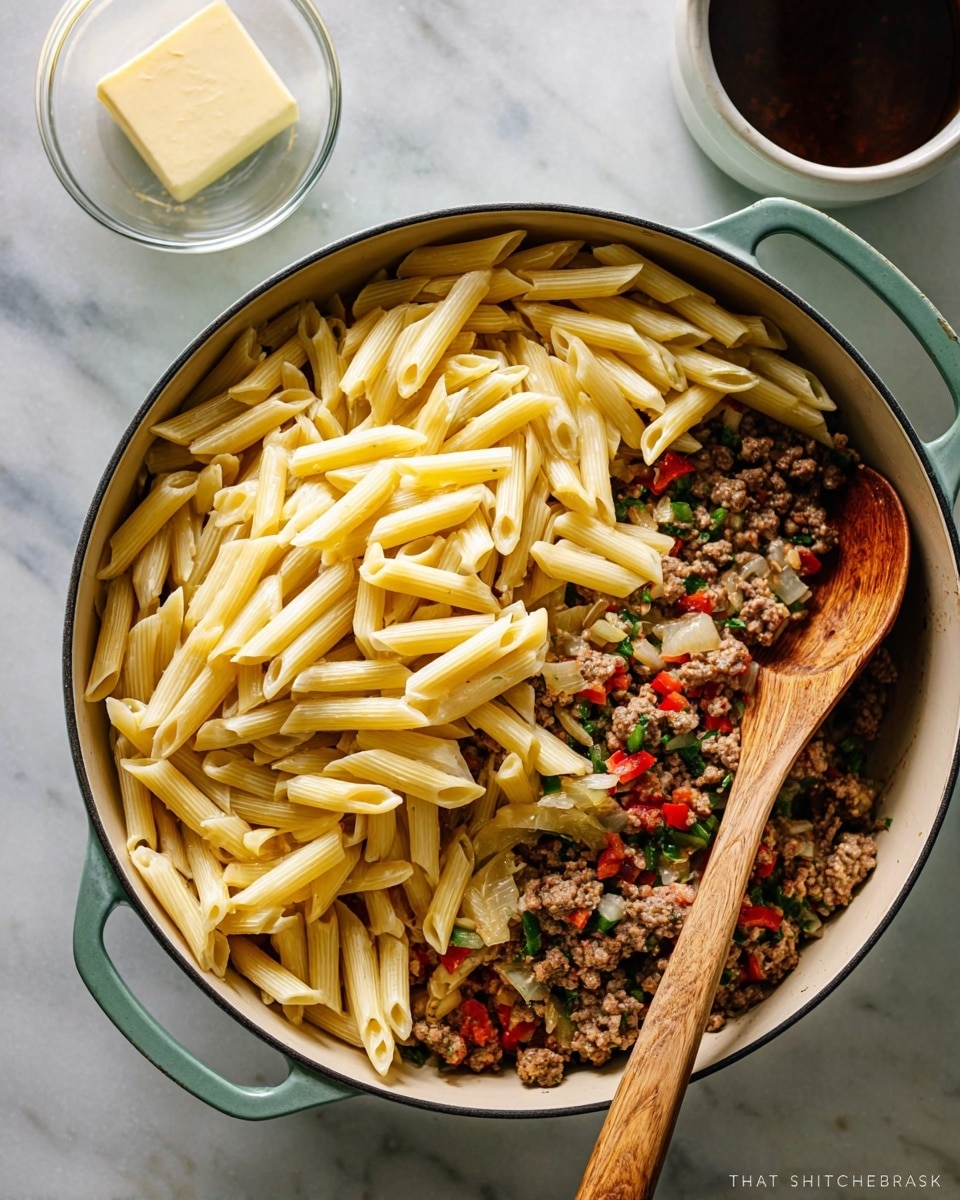 A large round light green casserole dish holds a two-layer pasta dish. The bottom layer shows cooked ground meat mixed with green and red bell peppers and small onion pieces, all cooked and slightly browned. The thick top layer is pale yellow penne pasta, uncooked, scattered evenly over the meat and vegetable mixture. A wooden spoon rests on the right side of the casserole, partly on the pasta and partly on the cooked mixture. The dish is placed on a white marbled surface, and near the top left of the image, there is a small glass bowl with a square piece of butter and a white ceramic container holding a dark liquid. The lighting is bright and clean. photo taken with an iphone --ar 4:5 --v 7