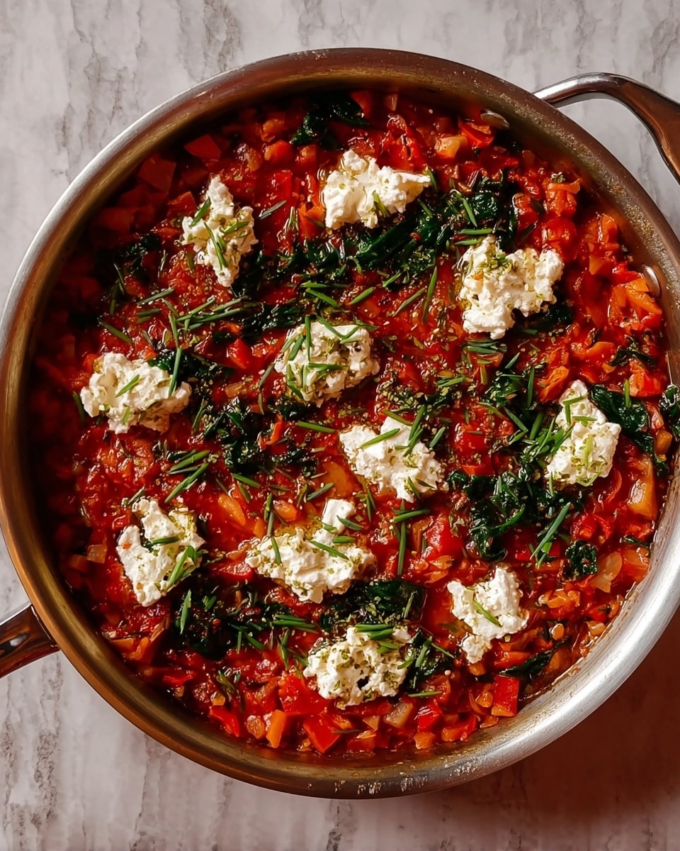 A round metal pan filled with a vibrant red tomato-based mixture, showing small diced red and orange vegetables and dark green spinach leaves scattered throughout. On top, there are uneven white chunks of soft cheese spread across the surface, creating a contrast with the rich red sauce and green leaves. The pan is placed on a white marbled surface. Photo taken with an iphone --ar 4:5 --v 7
