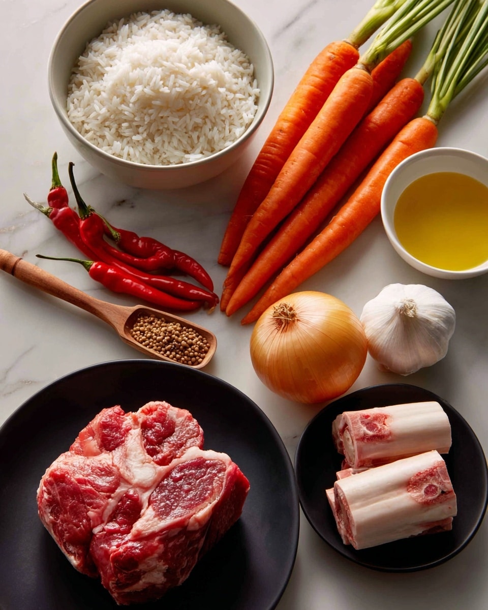 The image shows several ingredients arranged neatly on a white marbled surface. At the top left, there is a white bowl filled with white rice grains. Below it are two orange carrots placed side by side. Slightly above the carrots, five bright red chiles with green stems are grouped together. To the right of the chiles, a yellow onion sits next to a whole white garlic bulb. Above them, two wooden measuring spoons hold brown cumin seeds and white salt. Near the bottom left, a black plate holds a large piece of marbled beef chuck with red and white textures. To the right, another black plate contains pale pink and white soup bones with visible marrow. At the bottom right, a white bowl contains pale yellow vegetable oil. The arrangement is clean and organized with distinct colors and textures visible. Photo taken with an iphone --ar 4:5 --v 7