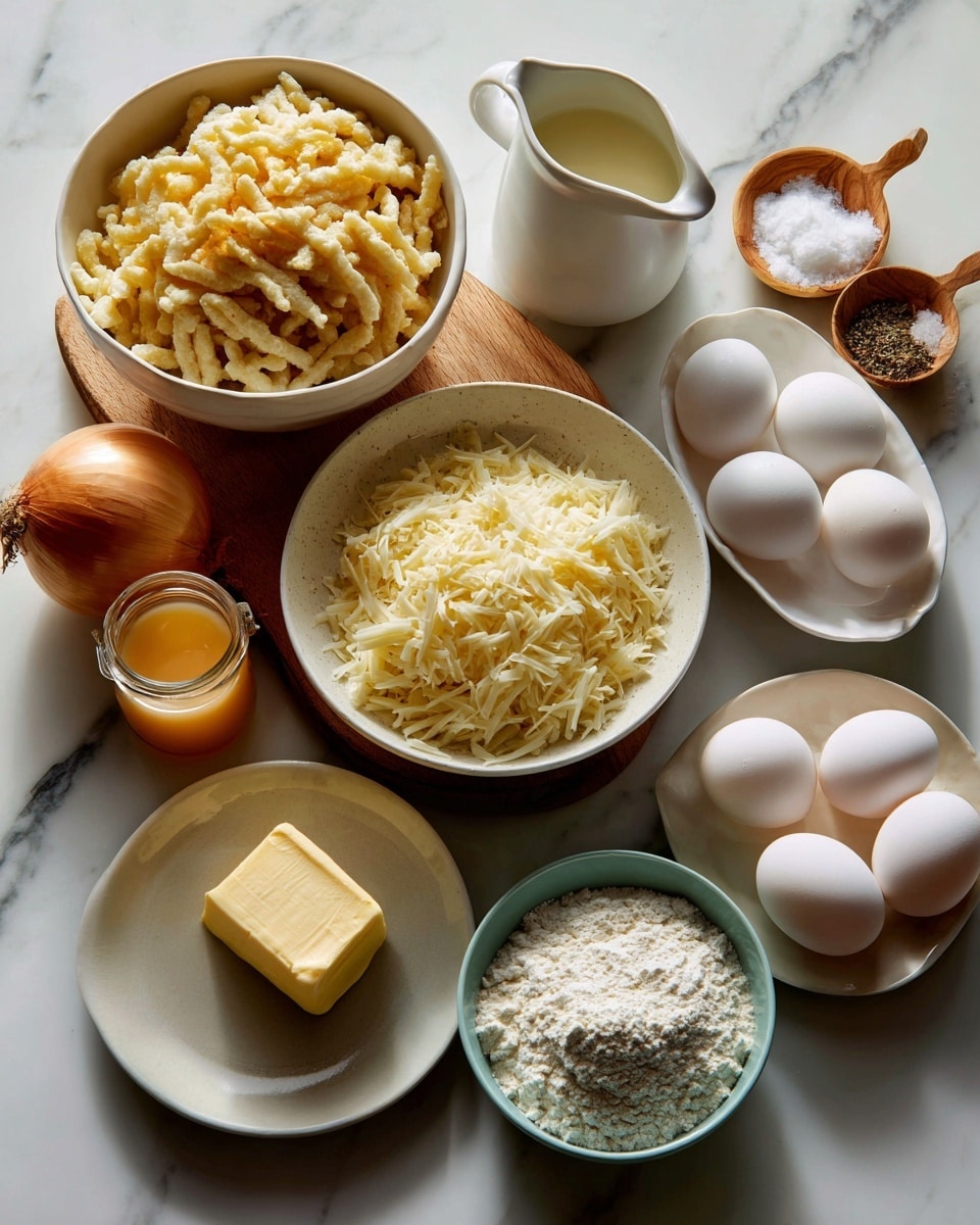 The image shows ingredients for cooking arranged neatly on a white marbled surface in two sections. On the left side, there is a bowl filled with off-white spätzle noodles with a rough, lumpy texture at the center. Above it is a small white pitcher of heavy cream, and to the left is a small glass container of light orange vegetable broth. Below the noodles is a white bowl filled with shredded pale yellow Gruyere cheese, next to a small round dish holding a square piece of yellow butter. To the left of the butter is a whole yellow onion, and next to it is a wooden salt spoon filled with white salt. On the right side, a white turquoise bowl of flour with a small scoop taken from the middle is near the center. To its upper right are three white eggs together, and above the flour is an empty white bowl of water. Just left of the water bowl is a wooden salt spoon with white salt. All items are placed on a clean white marbled surface. photo taken with an iphone --ar 4:5 --v 7