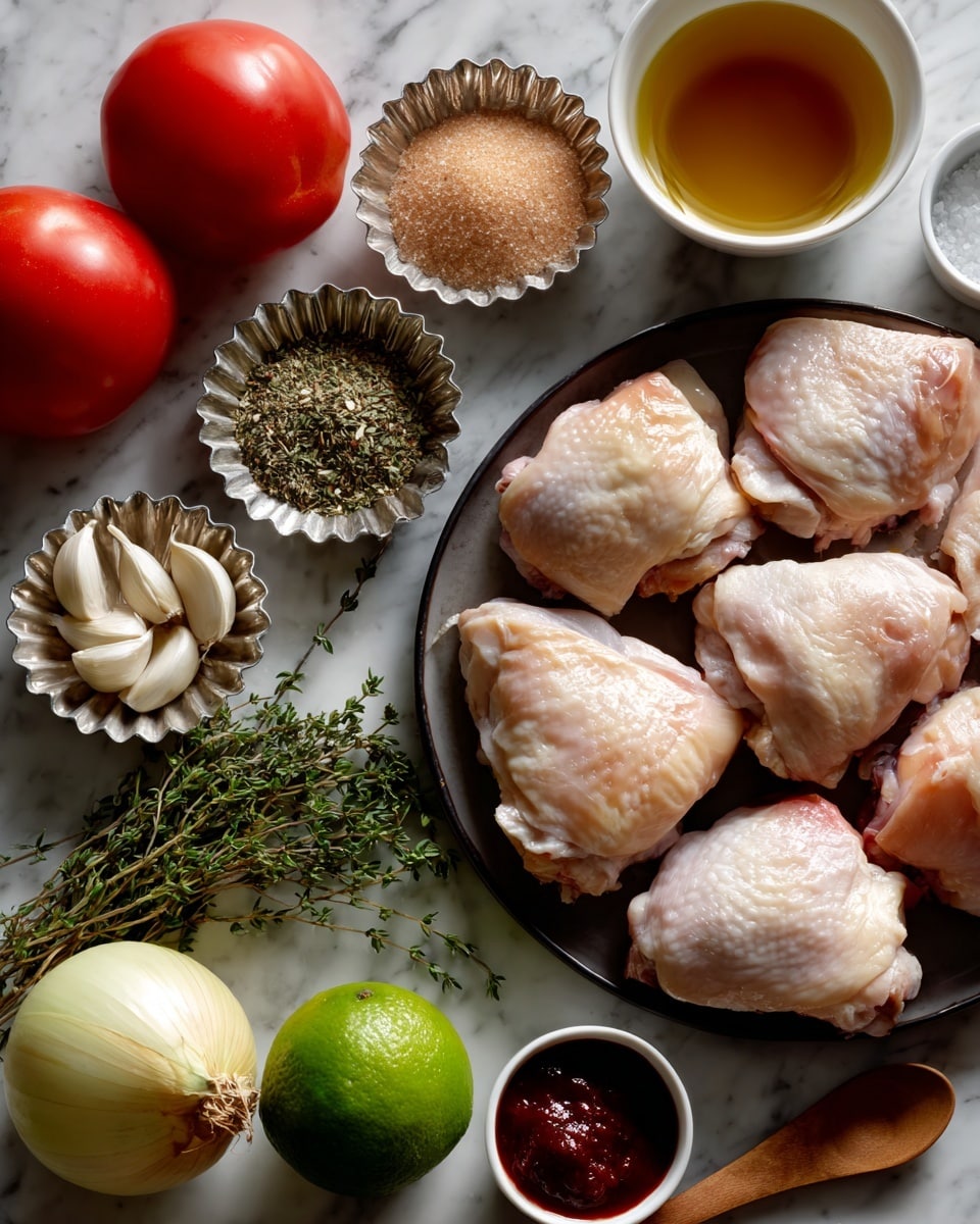 A black plate filled with six raw chicken thighs with pale pink and white skin sits on the bottom right of the image on a white marbled surface. Above the chicken, two red tomatoes with smooth skin rest side by side. To their left, four garlic cloves with light beige skin lie scattered near a small bunch of fresh thyme sprigs with green leaves and thin stems. Below the garlic, a bright green lime and a round yellow onion with papery skin are placed. To the left, a small fluted silver dish holds a mix of greenish-brown oregano, white salt, and brown cumin. Above that, another silver fluted dish contains light brown packed brown sugar. To the right of this dish, a small white bowl holds a golden-yellow clear oil. Above the garlic and thyme, a medium white bowl is filled with amber-colored chicken broth. To the right of the broth, a fluted silver dish contains dark red achiote paste shaped in two pieces. Near it, a wooden spoon with a small bowl of dark brown soy sauce rests on the surface. Each ingredient is spaced apart neatly on a textured white marbled surface. Photo taken with an iphone --ar 4:5 --v 7