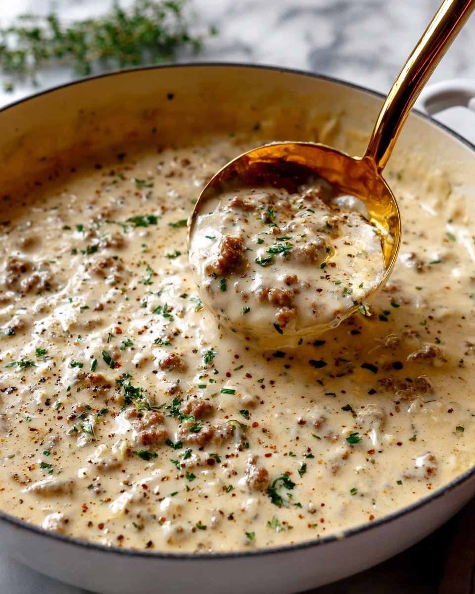 A close-up image of a creamy sausage gravy in a white pan, showing thick white sauce with bits of browned sausage mixed throughout. The gravy is speckled with black pepper and small green herb pieces sprinkled on top. A golden metal ladle scoops some of the rich, slightly textured gravy, highlighting its smooth and chunky mix. The pan sits on a white marbled surface with a few scattered herbs around. photo taken with an iphone --ar 4:5 --v 7