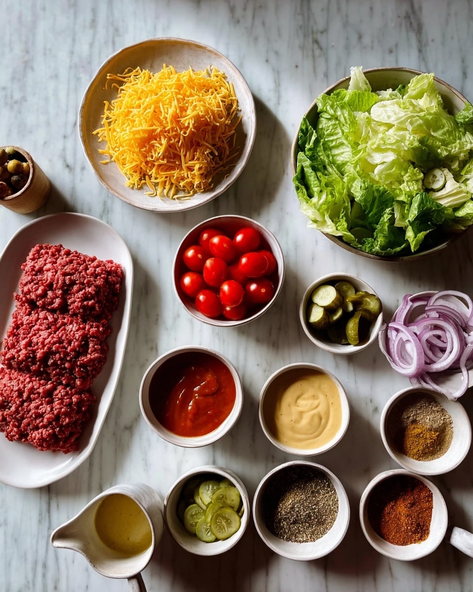 The image shows a group of small white bowls and plates with different food items placed on a white marbled surface. On the left side, there is a white oval plate with a rectangular pile of raw ground beef that is deep red in color. Above it, a white round plate holds a heap of shredded yellow cheddar cheese. Next to the cheese, in small white bowls, there are quartered small red cherry tomatoes, sliced purple onions, and sliced green pickles. Near these, a medium white bowl is full of torn green lettuce leaves. On the right side, there are more small white bowls with various sauces and spices: a bright red sauce, creamy light yellow sauce in a cup with a handle, a light brown sauce, a green chunky sauce, and a plate with different dry spices in white and brown shades stacked separately. The entire arrangement is clean and vibrant with fresh ingredients. Photo taken with an iphone --ar 4:5 --v 7