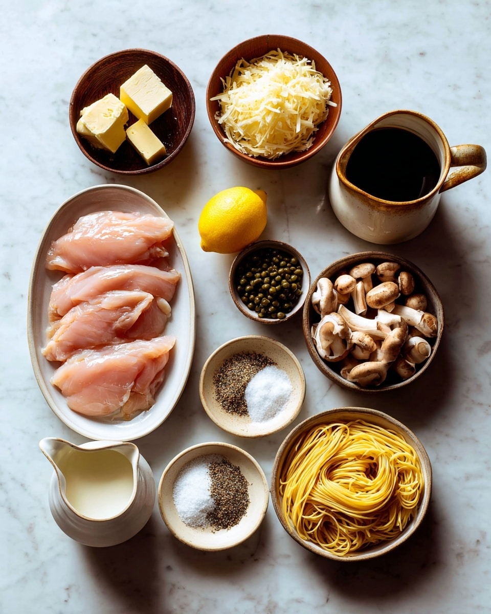 The image shows a white oval dish filled with several pieces of raw pink chicken slices placed on the lower left side. Above it, there is a small brown wooden bowl with four cubes of pale yellow butter. Next to the butter bowl, a small brown bowl contains small dark green capers. A whole bright yellow lemon is to the right of the capers. Below the lemon, a small brown bowl is filled with grated pale yellow cheese. In the center, a small white plate holds piles of white salt, light brown powder, and mixed black and white pepper. A small stoneware jug with a handle holds dark brown liquid above the chicken dish. A round bowl filled with light brown mushrooms sits slightly to the right and lower than the cheese bowl. At the bottom right corner, a round bowl holds nests of unraveled pale yellow pasta. A ceramic white pitcher containing white liquid is on the lower left corner. The whole setting rests on a white marbled surface. photo taken with an iphone --ar 4:5 --v 7