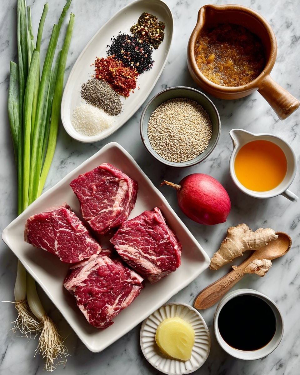 The image shows a top view of several ingredients arranged on a white marbled surface. At the bottom left, there is a white rectangular tray holding three raw, red beef pieces with white fat marbling. Above it, on an oval white plate, there are three piles of spices: black pepper, red chili flakes, and pink salt, aligned from left to right. To the left side, there are three green onions lying diagonally. Near the center, there is a gray ceramic bowl filled with mixed white and black sesame seeds. Next to it is a small brown clay pot with a handle containing a brown powder. A small white bowl with a handle contains a bright orange liquid. Above it, a wooden spoon holds chopped garlic. To the right of the spoon, a red pear adds a pop of color. Below the pear, a small white bowl with ridged edges holds a clear yellow liquid. A piece of fresh ginger root sits between the bowls and the meat at the bottom. Near the bottom right corner, a white creamer cup contains a dark soy sauce. The layout is neat, simple, and colorful. Photo taken with an iphone --ar 4:5 --v 7