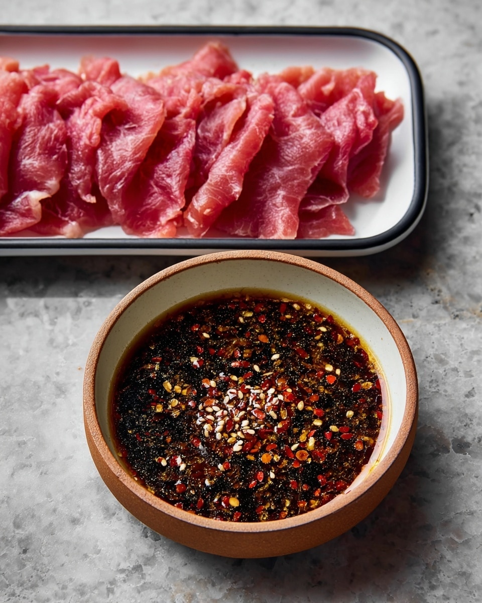 A light brown bowl filled with a dark, oily sauce that has visible red chili flakes and small seeds, sitting above a white rectangular tray with black rim holding many thin, raw pink slices of meat. Both are placed on a white marbled surface. photo taken with an iphone --ar 4:5 --v 7