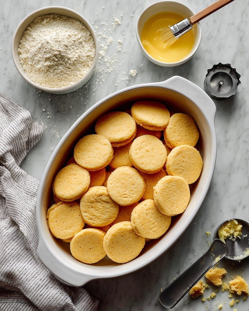 An oval white ceramic dish is filled with two layers of round, golden-yellow biscuit doughs arranged neatly to cover the base. The biscuits have a smooth, soft surface with a slight crumbly texture around the edges. Around the dish, on a white marbled surface, there is a small white bowl with light beige dry flour, a small round bowl holding yellow melted butter with a pastry brush resting on the edge, and a silver biscuit cutter with some dough crumbs inside. A striped white and gray cloth is partly visible on the lower left side. Photo taken with an iphone --ar 4:5 --v 7