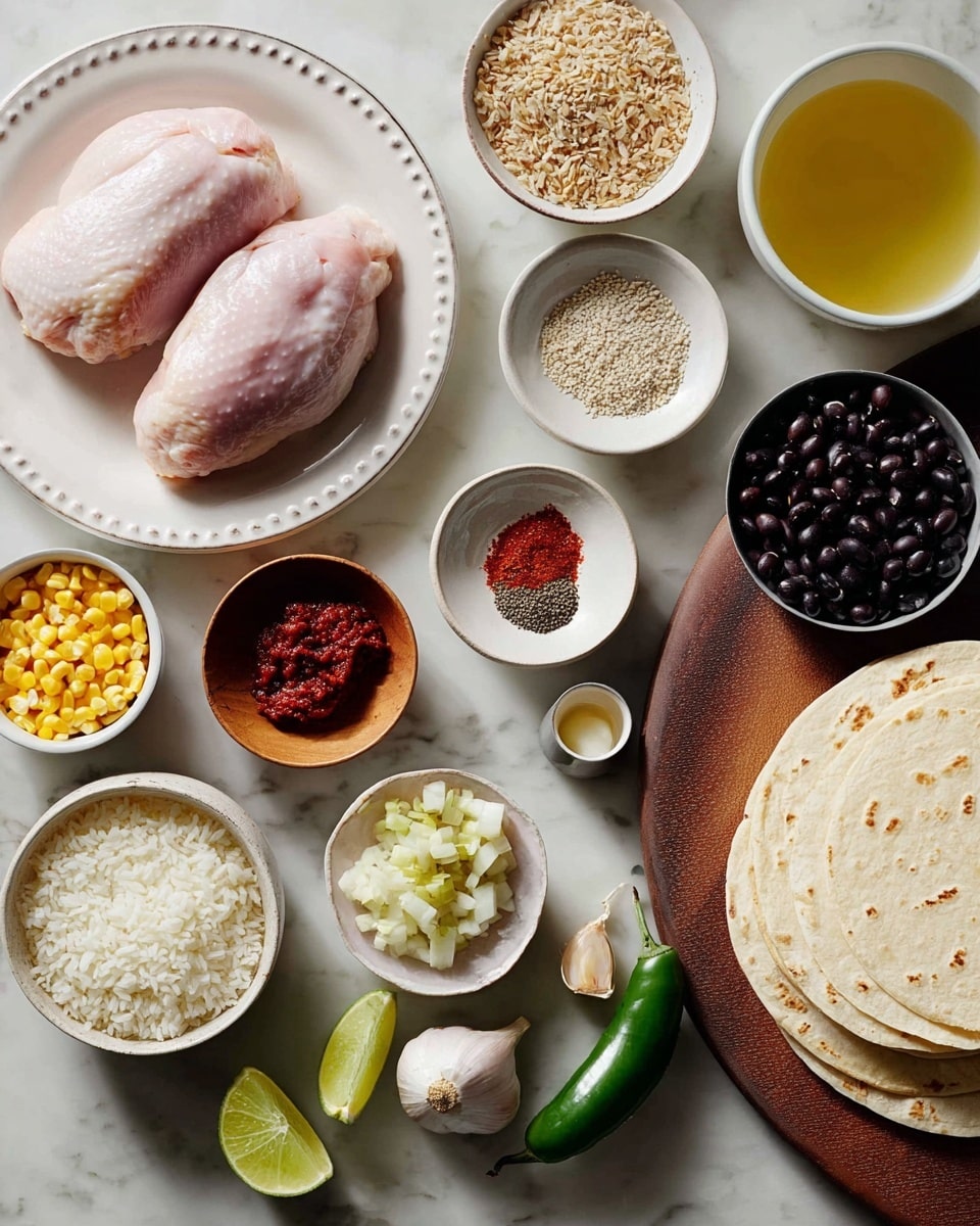 The image shows ingredients for a meal arranged on a white marbled surface. At the top left, there are two raw chicken pieces on a white plate with small dotted edges. To the right, a white bowl holds a yellowish liquid. Below, several small white bowls and one small wooden bowl are scattered: one filled with white rice, one with a light brown powder, one with black beans, one with diced white onions, and one with corn kernels. A small white plate holds a dollop of red paste, while a small silver bowl contains black pepper. Two lime halves lie on the surface near a small white container with a light yellow sauce. Near the bottom right, white tortillas are stacked on a dark round wooden board. A green jalapeño and two peeled garlic cloves rest on the marbled surface near the ingredients. Photo taken with an iphone --ar 4:5 --v 7