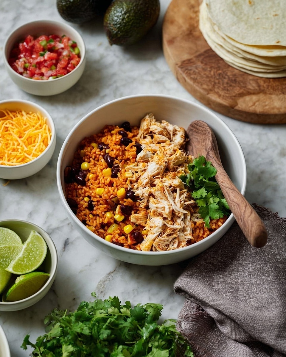 A white bowl sits on a white marbled surface filled with two layers: the bottom layer is a mixture of orange rice with black beans and yellow corn, and the top layer is light beige shredded cooked chicken. A wooden spoon rests inside the bowl with its handle leaning out. Around the bowl are small white bowls containing bright orange shredded cheese, red tomato and onion salsa, and light green lime wedges. Two whole dark green avocados and fresh green cilantro bunch lie nearby. A wooden board holds several stacked white tortillas, and a gray cloth is partially visible on the right side of the image. Photo taken with an iphone --ar 4:5 --v 7