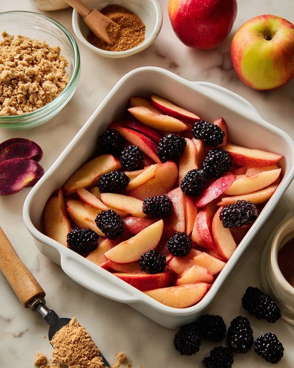 A white square baking dish filled with one layer of thinly sliced pinkish-red apples mixed with a few shiny black blackberries scattered evenly on top, placed on a white marbled surface. Around the dish, there are loose blackberries, red apple peels, a wooden-handled peeler, a red and yellow whole apple, a small white bowl with brown powder, and a clear glass bowl filled with crumbly light brown oat mixture with a wooden spoon inside. Photo taken with an iphone --ar 4:5 --v 7