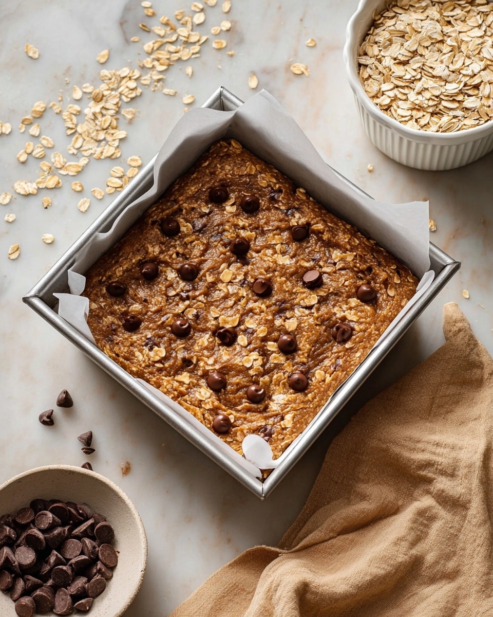 A square metal baking pan lined with white parchment paper holds a thick, uncooked oatmeal chocolate chip mixture that is light brown with visible oats mixed throughout, topped evenly with dark chocolate chips scattered on the surface. The pan sits on a white marbled textured surface with scattered oats and chocolate chips around it, and a beige cloth is draped casually next to the pan. Small white bowls with oats and other ingredients are placed around the pan, adding a rustic cooking scene vibe. photo taken with an iphone --ar 4:5 --v 7