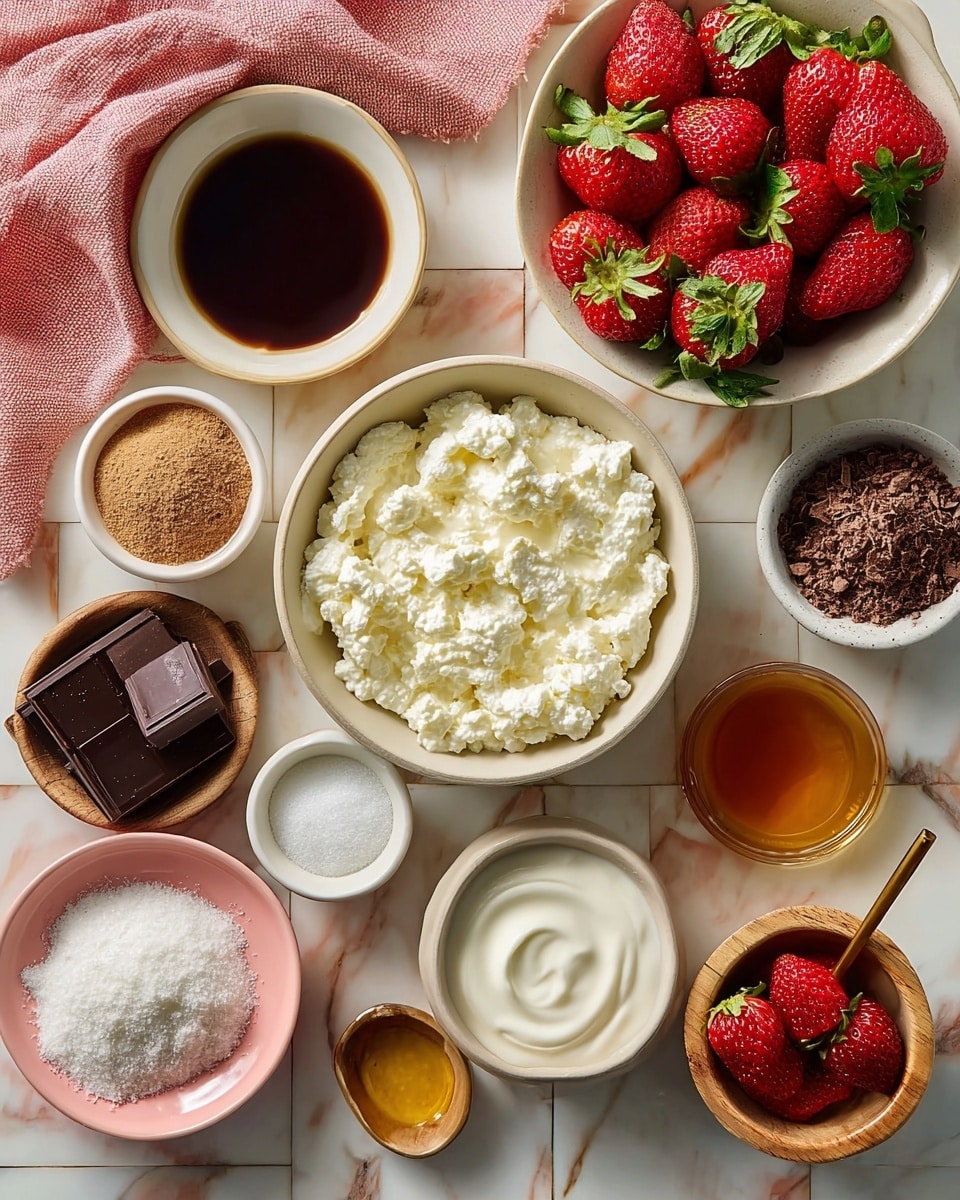 The image shows various ingredients laid out on a white marbled tiled surface. At the center-right, there is a white bowl filled with creamy white cottage cheese, and above it on the right side, a white bowl filled with bright red strawberries with green tops. To the left, a beige bowl contains smooth white yogurt. Around these main bowls are smaller white bowls and dishes holding different items: a light brown powder, dark brown powder with a golden spoon, small pieces of chocolate blocks, a pink bowl with dark amber syrup, a small white bowl with light cream liquid, a wooden bowl holding white salt with a small golden spoon, and a small white bowl with honey. A pink cloth is slightly visible on the left bottom corner. The items are neatly arranged, showing a mix of textures including smooth, powdery, and chunky, with a bright and clean look. Photo taken with an iphone --ar 4:5 --v 7