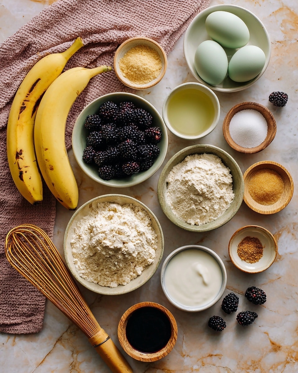 The image shows various ingredients arranged neatly on a white marbled surface with square tiles. There are two ripe yellow bananas placed diagonally near the bottom left, next to a pink cloth and a wooden whisk. Bowls containing different powders and liquids are spread around: a white bowl filled with flour, a wooden bowl with light brown sugar, a small white bowl with blackberries, a small yellow scalloped bowl with a white powder, a wooden bowl with white yogurt, a small white bowl with dark vanilla extract, and a small white bowl with white baking powder and salt. Two pale green eggs rest in a white bowl on the right middle side. A clear glass with amber liquid, likely syrup, is at the bottom center. Blackberries are scattered around the surface, adding contrast and color. Photo taken with an iphone --ar 4:5 --v 7