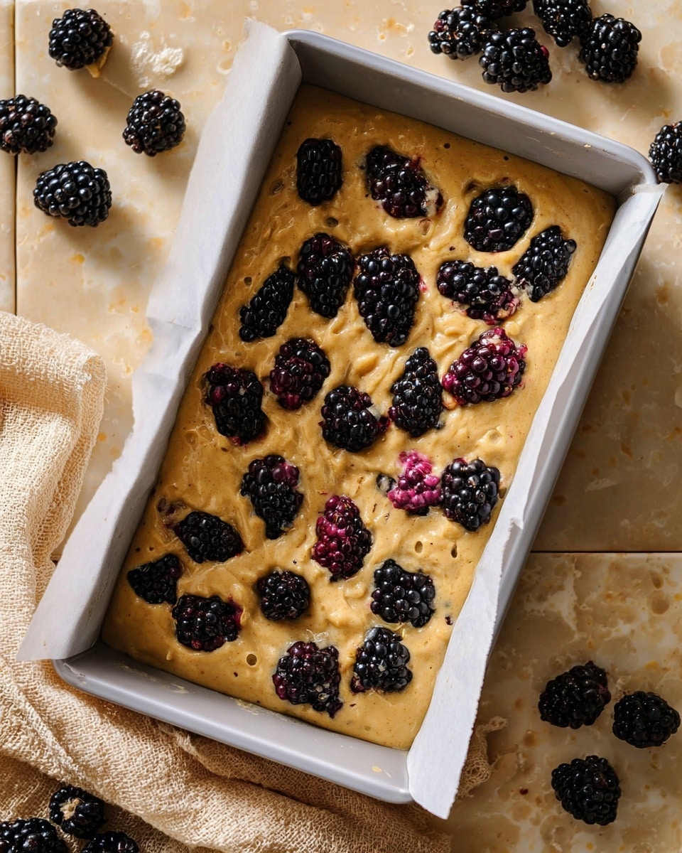 A close-up view of a rectangular beige baking tray lined with white parchment paper holding a thick, light brown batter spread evenly inside. Scattered on top and partly sunk into the batter are whole and halved blackberries, with their dark purple-black color and shiny, bumpy texture adding contrast to the smooth batter. The tray is placed on a white marbled surface with scattered whole blackberries around it, and a soft peachy textured cloth draped to the side. photo taken with an iphone --ar 4:5 --v 7