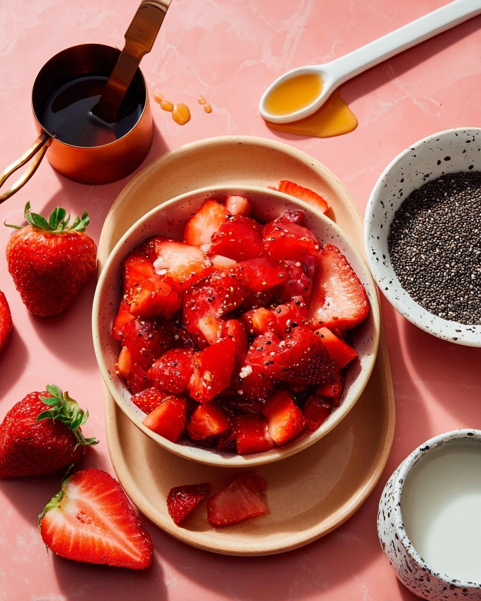 The image shows a bowl filled with bright red chopped strawberries, sitting on a light peach oval plate. Around the bowl are extra strawberry pieces and whole strawberries scattered on a soft pink background. On the left side of the plate, there is a small copper measuring cup filled with dark syrup placed on the plate, with a small drizzle of syrup nearby. Above the plate, a white ceramic spoon holds a small amount of light golden syrup. To the right, a white bowl with black speckles holds black chia seeds, and next to it is a white bowl with milk. The surface underneath everything is a white marbled texture. photo taken with an iphone --ar 4:5 --v 7