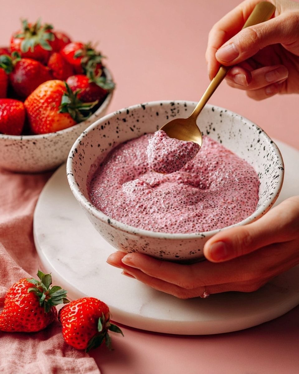 A white bowl with black speckles holds a thick, pink chia pudding with visible chia seeds spread evenly through the creamy texture. A golden spoon dips into the middle of the pudding, lifting a scoop, while a woman's hand holds the bowl steady from below. Nearby, a matching smaller white bowl with black speckles is filled with fresh, bright red strawberries with green tops, all placed on a white marbled surface with a soft pink background. One strawberry lies loose on the surface beside the bowls. photo taken with an iphone --ar 4:5 --v 7