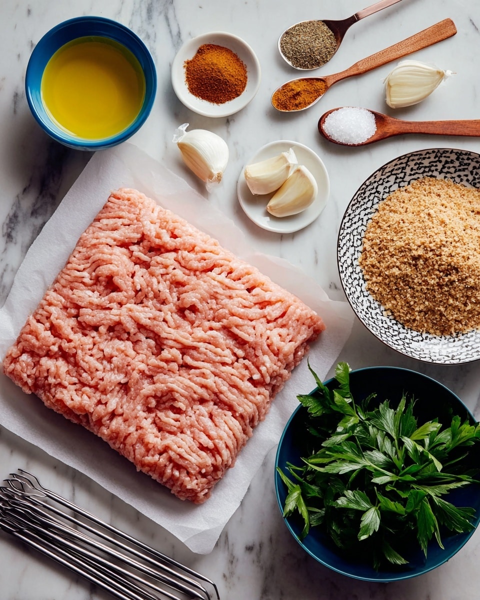 A flat layer of light pink ground meat rests on white parchment paper in the center on a white marbled surface. To the right, a white bowl with a black patterned rim holds a coarse mixture of light brown breadcrumbs. Next to the bowl, a small white plate contains three peeled garlic cloves and two onion pieces with white skin. Above these, five spoons line up horizontally: a metal spoon with a reddish-brown powder, a white spoon with a brown spice mix, a wooden spoon with a darker brown powdered spice, another white spoon with coarse white salt, and the last white spoon has ground black pepper. On the left side, there is a white bowl with yellow oil and a blue bowl filled with fresh green herbs. Near the bottom, three metal skewers lie side by side. photo taken with an iphone --ar 4:5 --v 7
