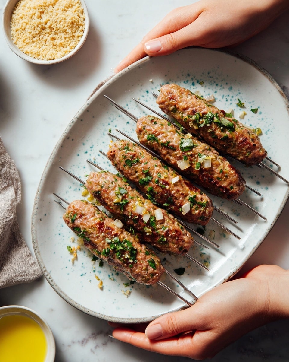 There are eight raw kebabs shaped in an elongated oval on a large white plate with soft blue spots. Each kebab is wrapped around a thin metal skewer, showing a chunky mix of ground meat with small bits of green herbs and white onions. The plate is held by a woman's hands on opposite sides, with the background being a clean white marbled surface. To the top left of the plate, there is a small bowl filled with light breadcrumbs, and below it, a cup with yellow liquid is partially visible. Photo taken with an iphone --ar 4:5 --v 7