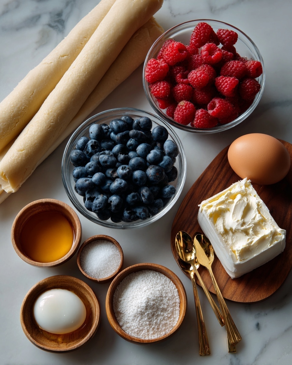 The image shows an arrangement of baking ingredients on a white marbled surface. There is a stack of light beige folded dough sheets placed vertically on the left side. Above the dough, two small clear glass bowls hold fresh blueberries and raspberries, the blueberries being dark blue with a slight frosted look and the raspberries bright red and textured. To the right of the fruits, there is a wrapped block of cream cheese with silver foil packaging. Below the cream cheese is a single brown egg. Two golden measuring spoons contain white powder and a cream-colored liquid, placed diagonally below the fruits and egg. Additionally, two small wooden bowls hold granulated sugar and a small amount of honey. The composition is neat and evenly spaced. photo taken with an iphone --ar 4:5 --v 7