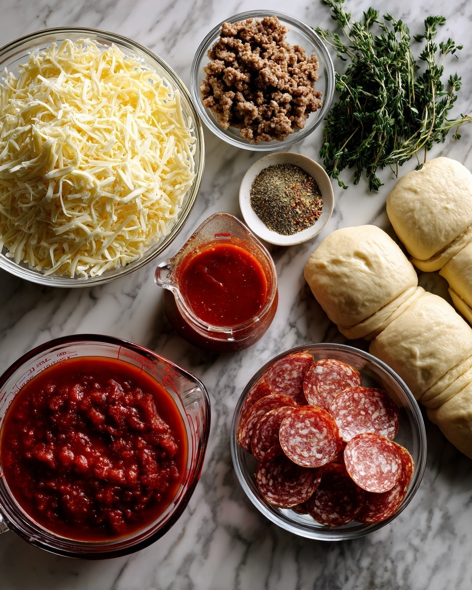 The image shows ingredients for making a pizza laid out on a white marbled surface. There are two cans of pizza crust on the top right, two glass bowls with ground meat and pepperoni slices at the bottom right and middle, a large glass bowl filled with shredded cheese on the left, a clear measuring cup with red pizza sauce in the center, and a small bowl with mixed dry spices above the sauce. Fresh green herbs are also placed next to the spice bowl. Everything is arranged neatly and clearly visible. Photo taken with an iphone --ar 4:5 --v 7