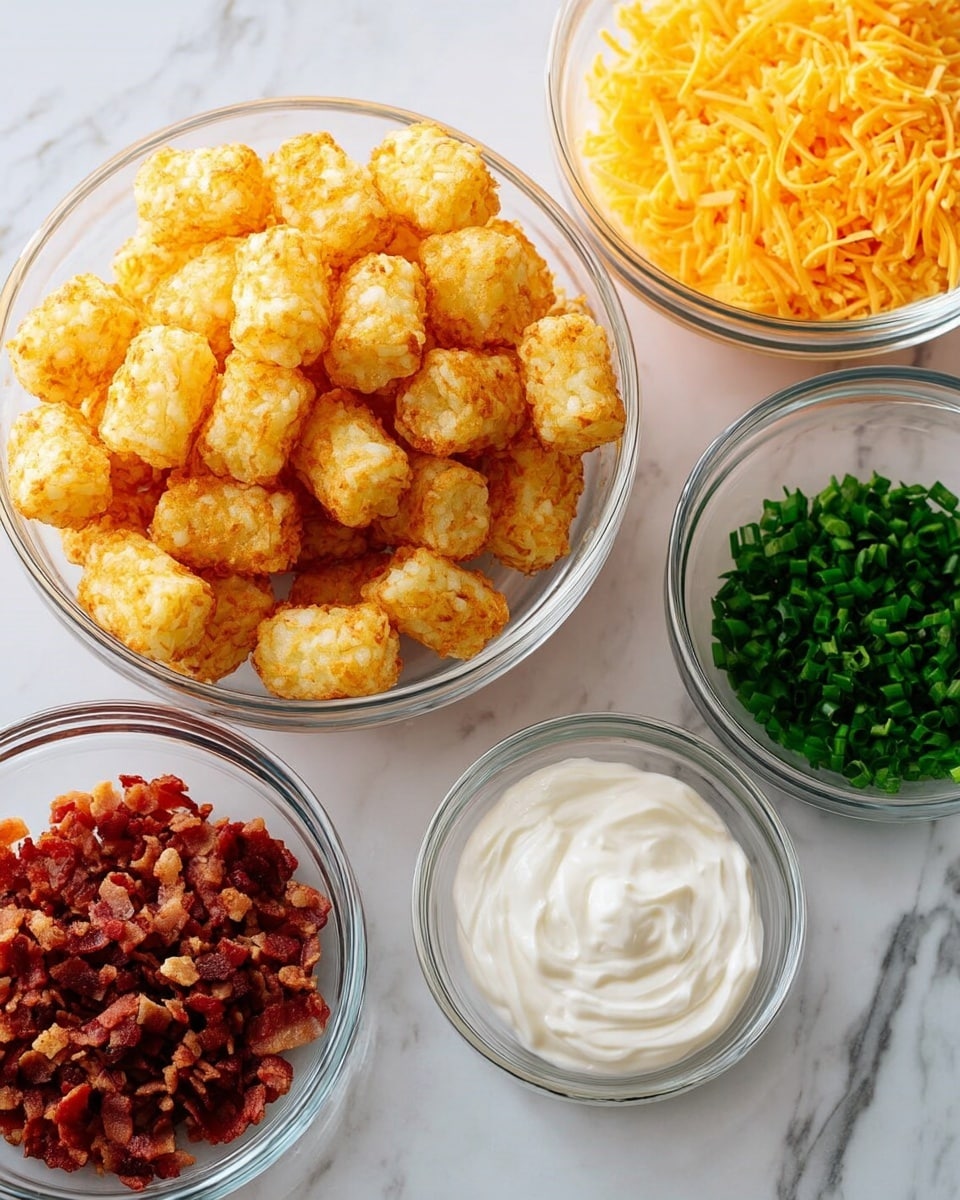 Five clear glass bowls sit on a white marbled surface. The top left bowl is filled with light golden, crispy tater tots stacked closely. To its right is a bowl with shredded orange cheddar cheese, forming a soft layer. Below the tater tots, on the left, is a bowl with finely chopped reddish-brown cooked bacon bits. In the middle bottom is a smaller bowl filled with chopped bright green chives. The bottom right bowl contains a swirl of white sour cream with a smooth texture. photo taken with an iphone --ar 4:5 --v 7