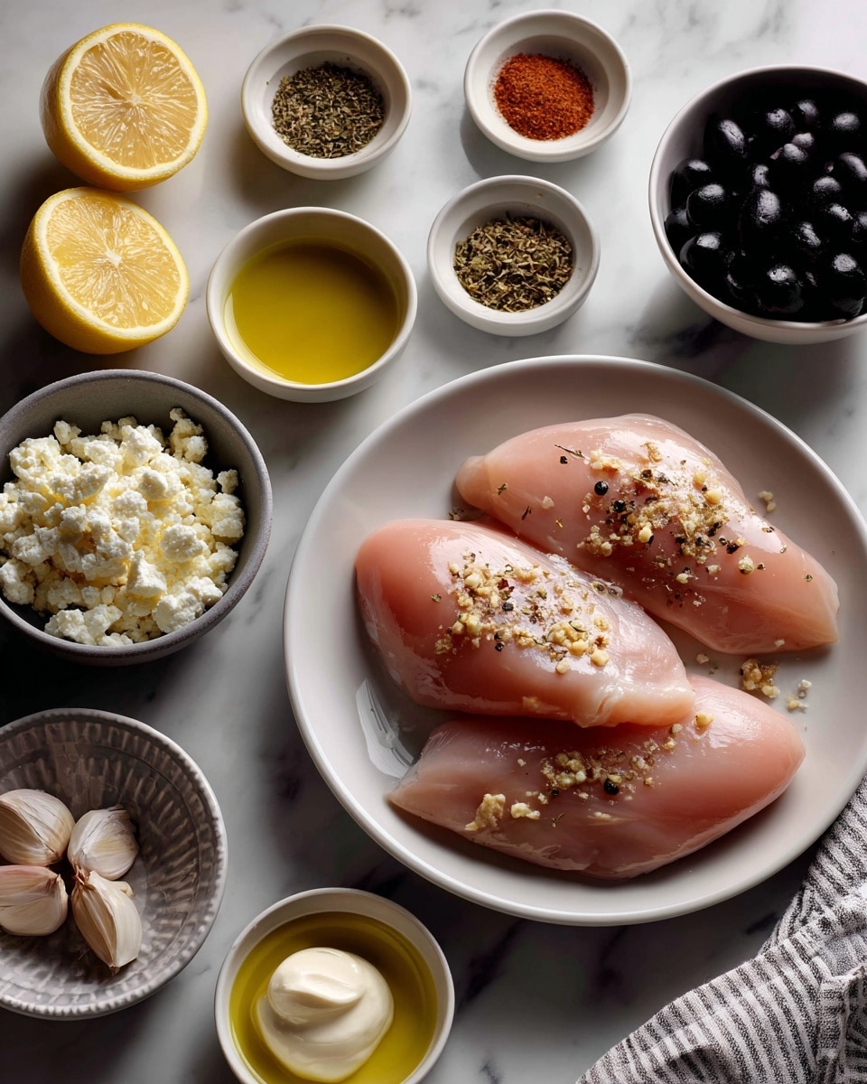 The image shows a white plate in the center with three raw chicken breasts that are pale pink and smooth. Around the plate are small white bowls with different ingredients: crumbled white feta cheese in one bowl, dark chopped kalamata olives in another, and beige minced garlic in a small patterned bowl. There is also a small white bowl with creamy white mayonnaise, and another with clear golden honey. A white scalloped bowl holds green oregano, white onion powder, and red paprika powders. Additional small white bowls contain light yellow lemon juice, yellow olive oil, and a blend of salt and black pepper. A white bowl near the honey has small amounts of light green oregano, white onion powder, and beige garlic powder. Half a lemon with bright yellow flesh is on the white marbled surface next to everything. The setup is on a soft white marbled background with a woman's hand holding a striped cloth on the corner. Photo taken with an iphone --ar 4:5 --v 7
