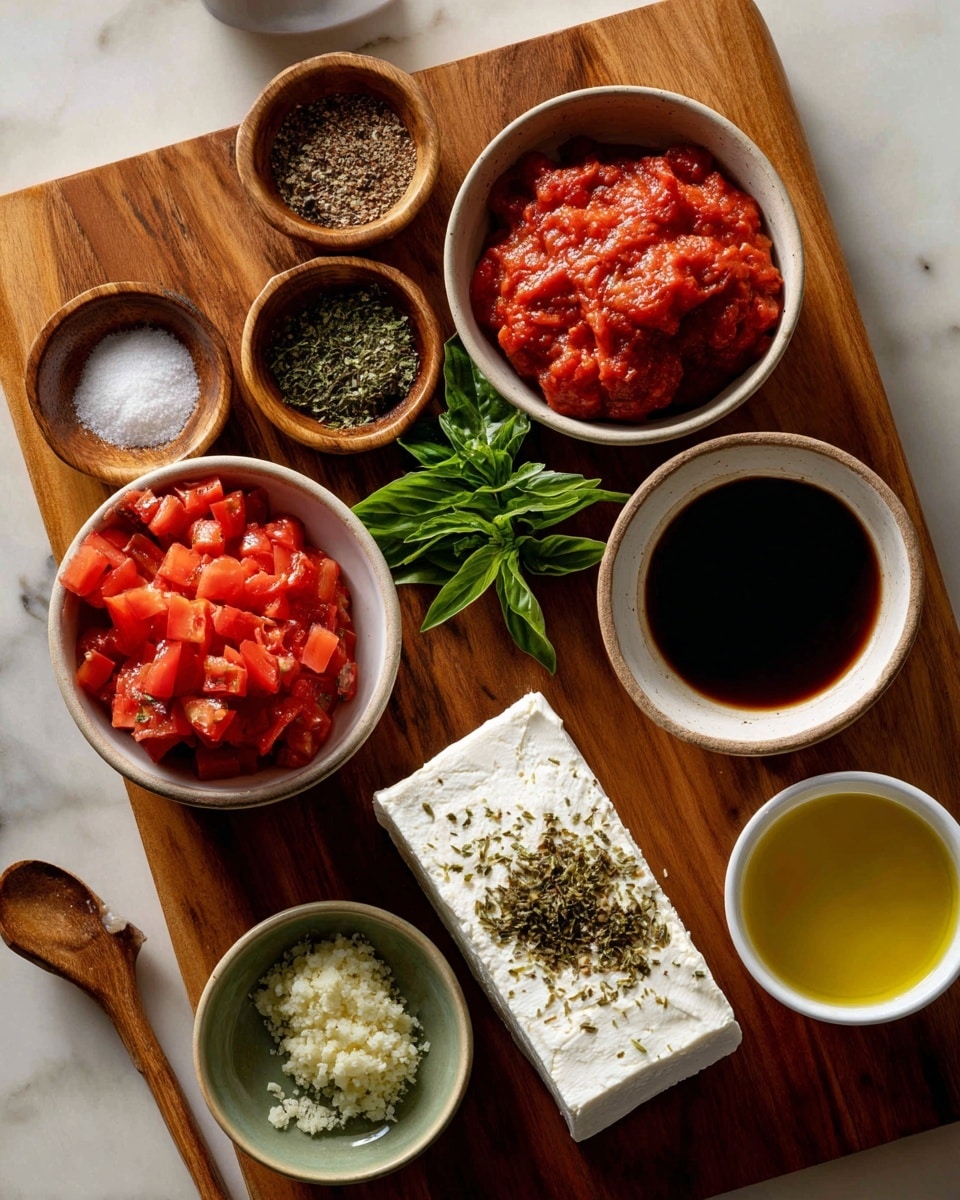 A white marbled surface holds a set of small bowls and a wooden board arranged neatly. At the center, on a rectangular wooden board, is a smooth, white log of goat cheese with a creamy texture. Surrounding it are small white bowls containing rich, red diced tomatoes and a chunky red marinara sauce. There is also a green bowl with finely minced garlic. Several small wooden bowls hold coarse salt, dried green Italian seasoning, chopped fresh green basil, and dark ground pepper. Two small white bowls contain olive oil, light golden in color, and dark balsamic vinegar. The overall scene is bright and clean with all items arranged in a circular layout. Photo taken with an iphone --ar 4:5 --v 7