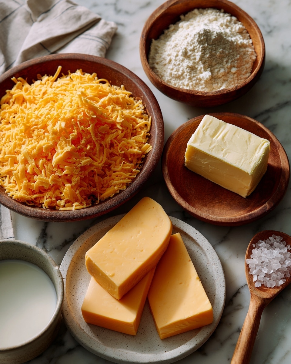 The image shows six ingredients arranged neatly on a white marbled surface. On the left, a large bowl filled with bright orange shredded cheddar cheese has a rough texture. Next to it, there is a small wooden bowl containing white flour with a powdery texture, positioned at the top center. To the right, there is a small wooden bowl holding a cube of pale yellow salted butter with a smooth texture. Below the flour, a small wooden bowl contains white whole milk with a smooth liquid surface. At the bottom right, two slices of light orange American cheese with a smooth and flat texture lie on a white, slightly speckled plate. A small wooden spoon on the far right holds coarse salt crystals in white. The setup is clean and well-organized, photo taken with an iphone --ar 4:5 --v 7